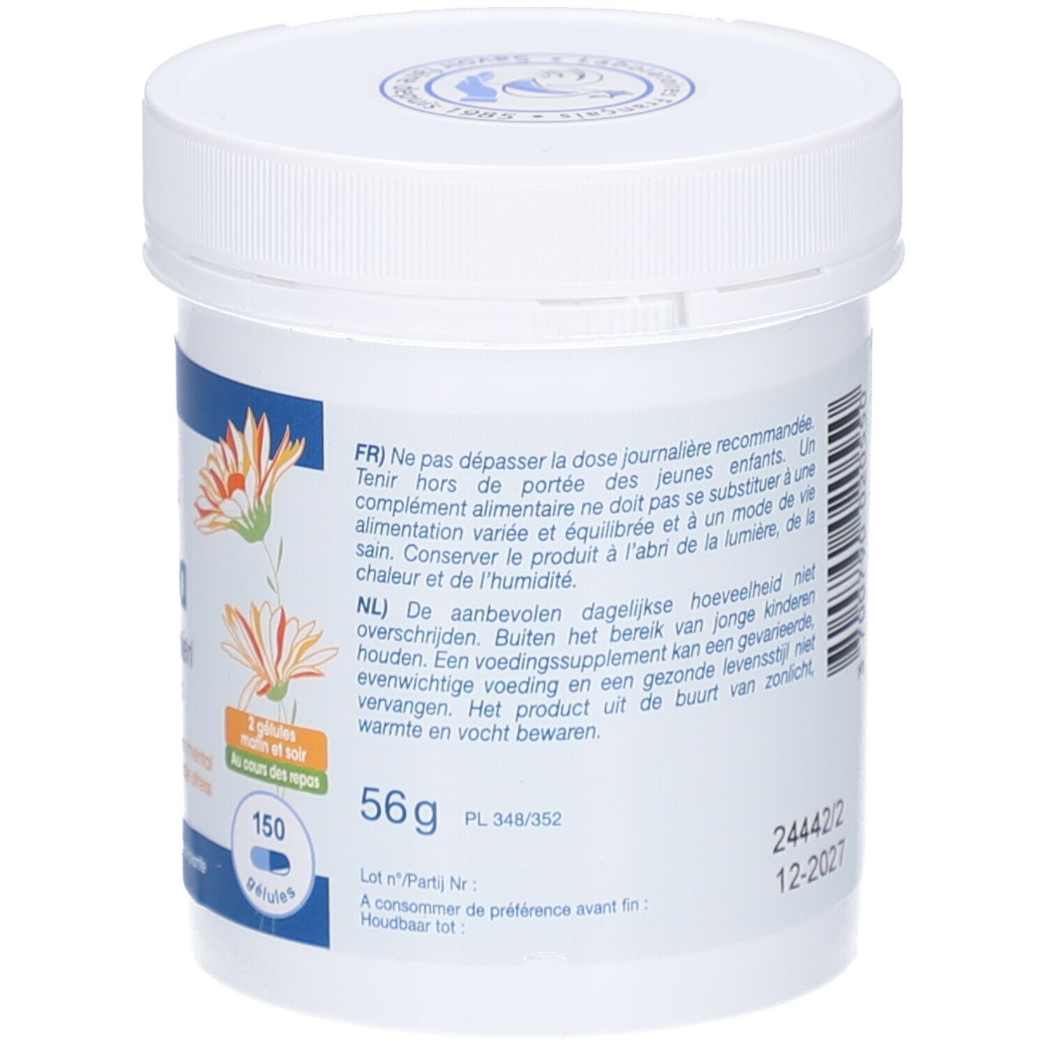 Achterkant van de witte pot. Tekst: Gebruiksaanwijzing, lotnummer, vervaldatum. Logo: Laboratoires Fenioux. 56g.