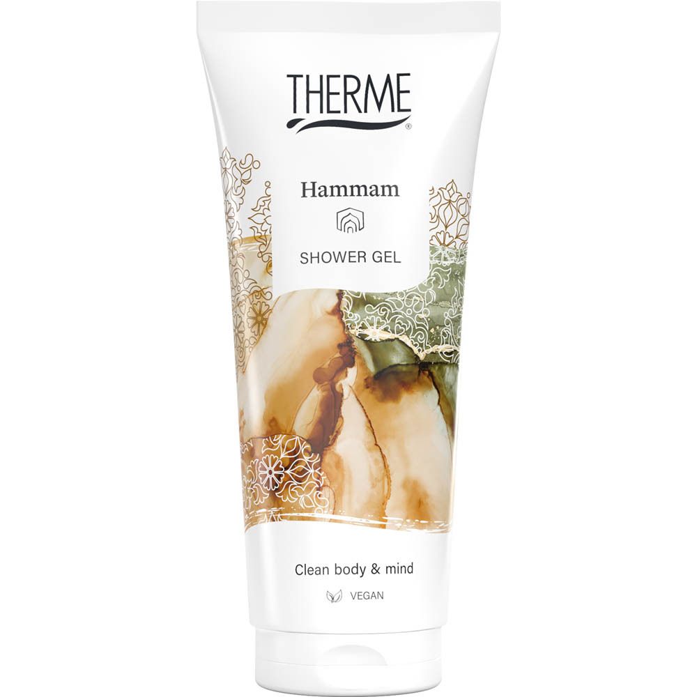 Tube blanche THERME. Inscription Hammam, Shower Gel. Illustrations et texte: Clean body & mind, Vegan.