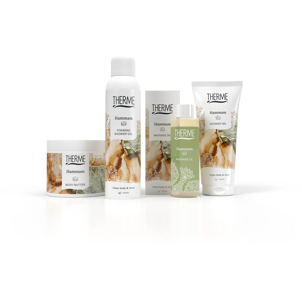 Divers produits THERME: gel douche, beurre corporel, gel douche moussant, huile de macadamia, et plus.