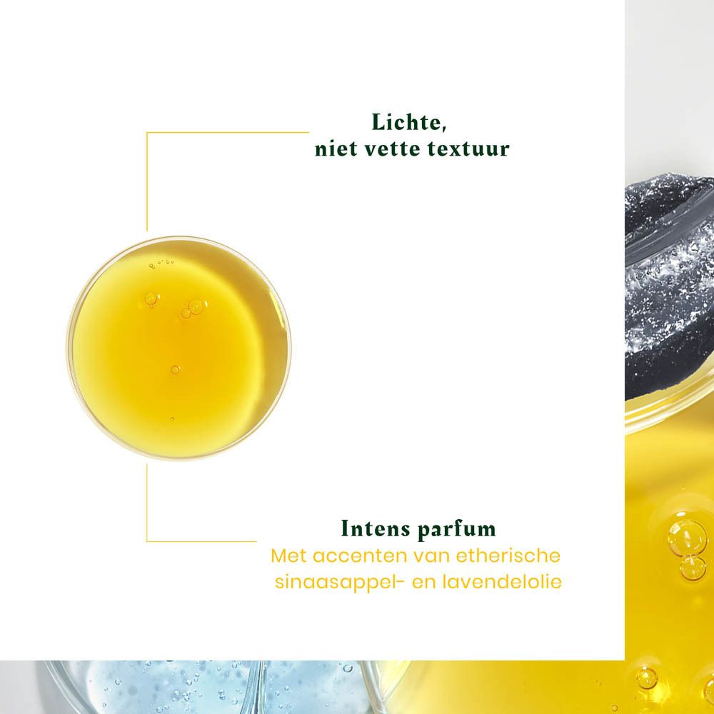 Gele vloeistof in schaal. Tekst: Lichte, niet-vette textuur. Intense parfum.