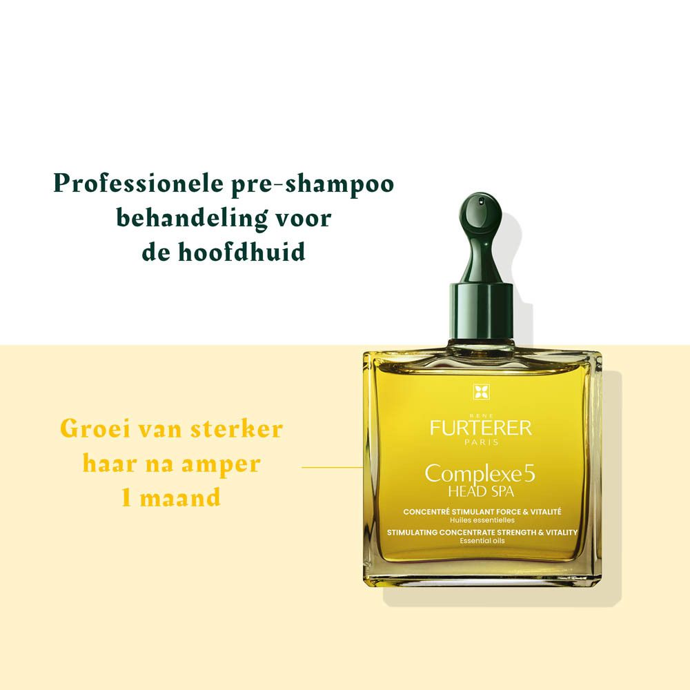 Fles met groene dop. Tekst: Complexe 5 Head Spa.