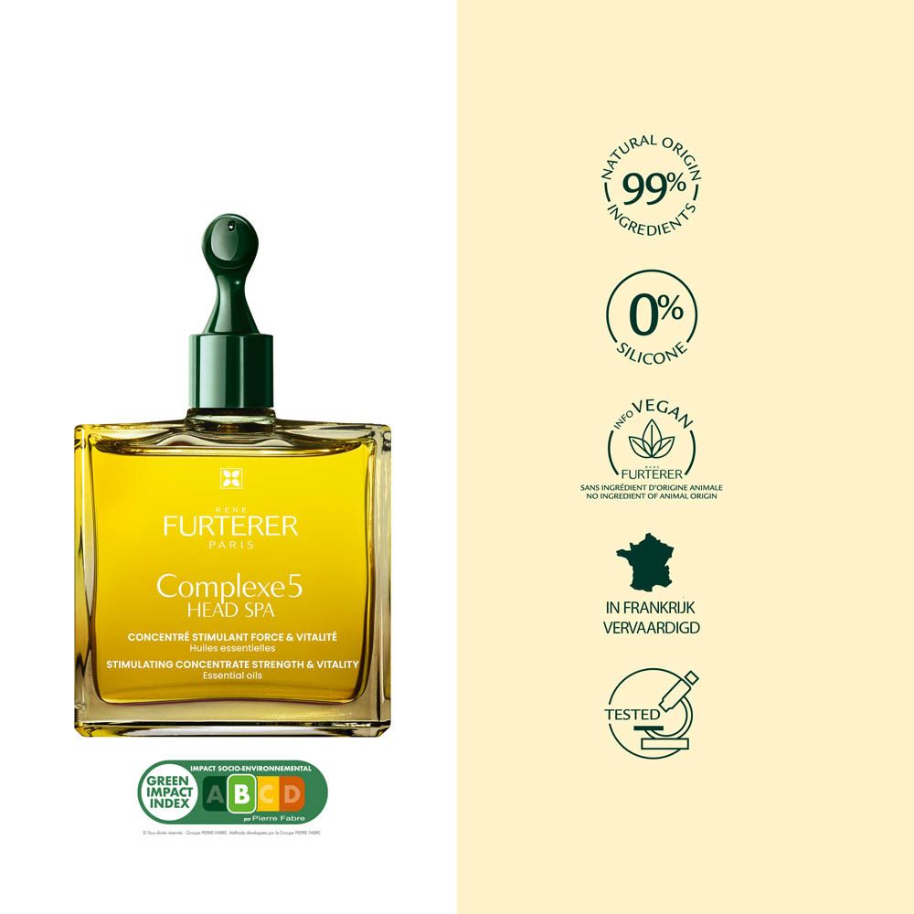 Fles met groene dop. Tekst: Complexe 5 Head Spa.
