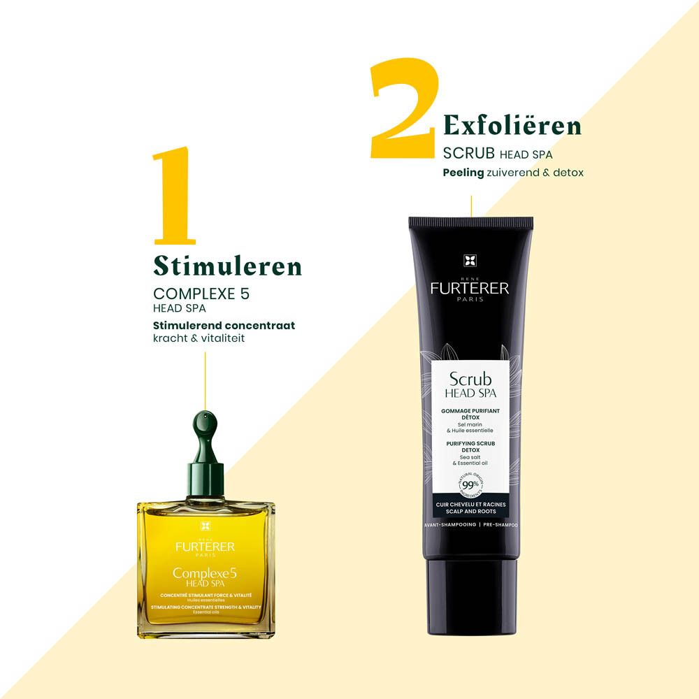 Fles met groene dop. Tekst: Complexe 5 Head Spa.