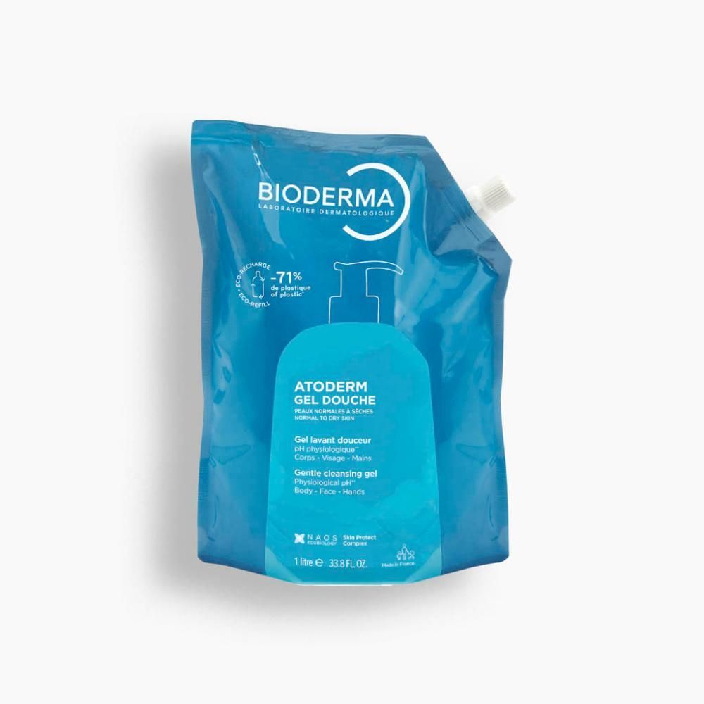 Navulverpakking Bioderma Atoderm douchegel. Blauw, met productafbeelding. Tekst: Atoderm Gel Douche, zachte reiniging, 1 liter.