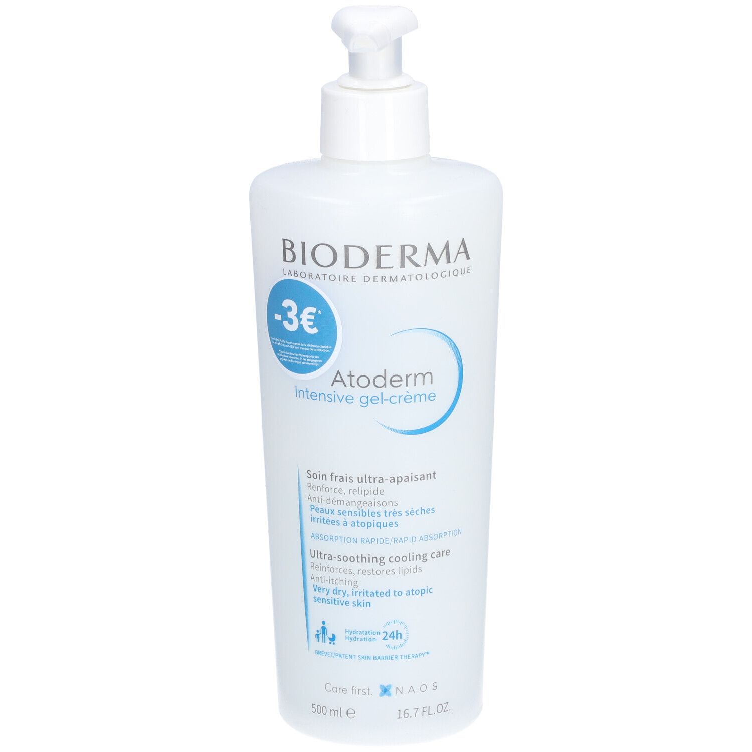 Flacon blanc avec pompe. Inscription: Bioderma, Atoderm Intensive gel-crème. Étiquettes bleues avec texte.