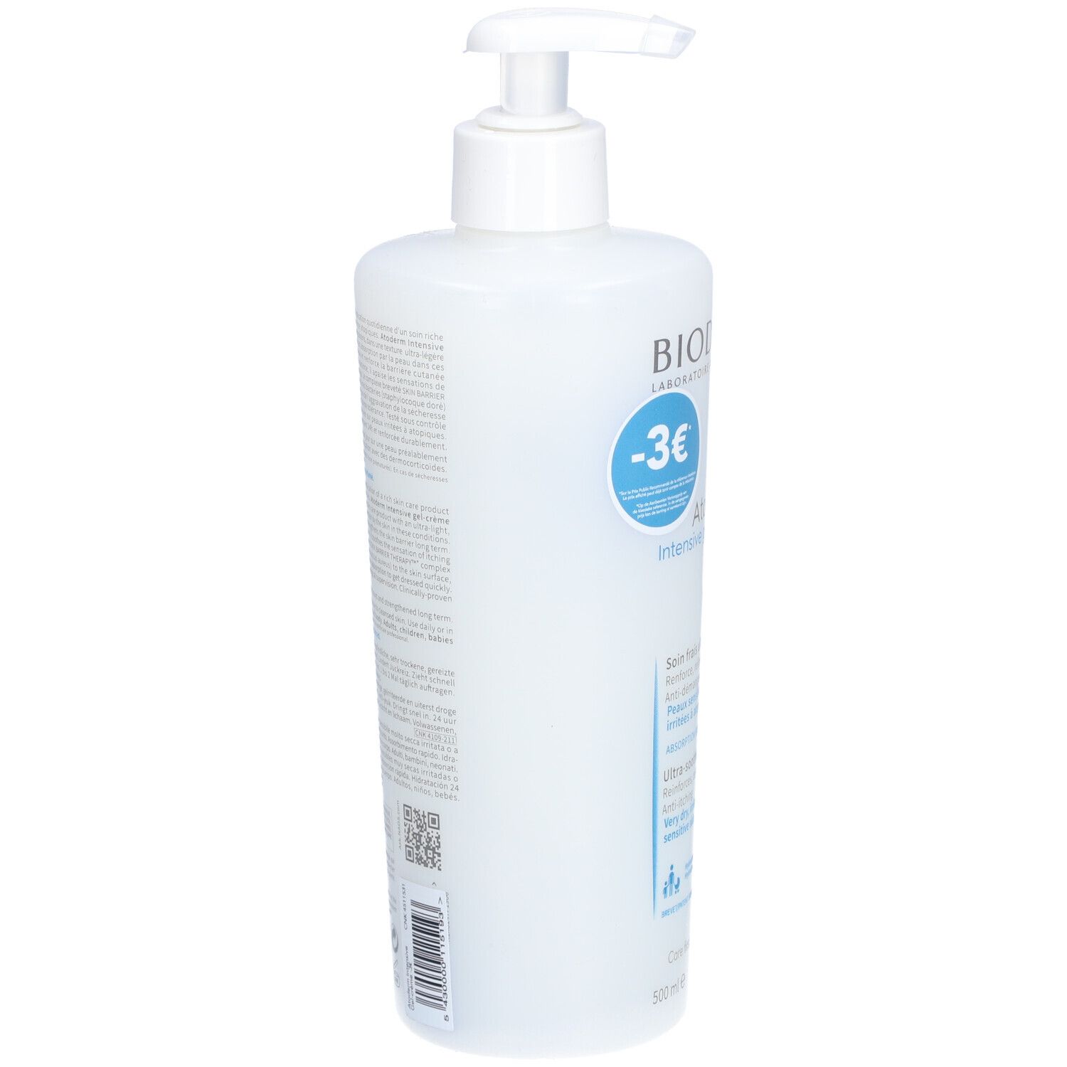 Flacon blanc avec pompe. Dos avec texte et code QR. Vue partielle.