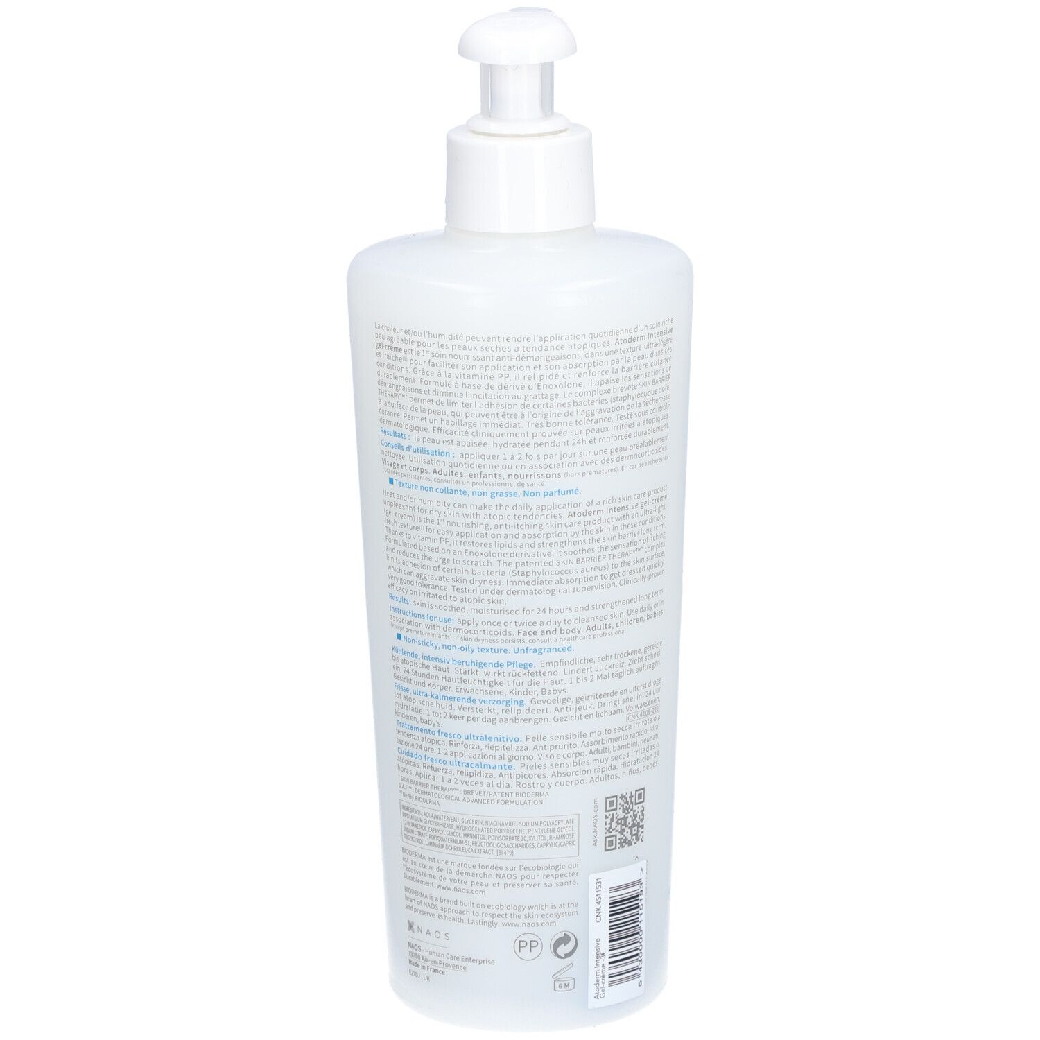 Flacon blanc avec pompe. Dos avec texte. Vue détaillée.