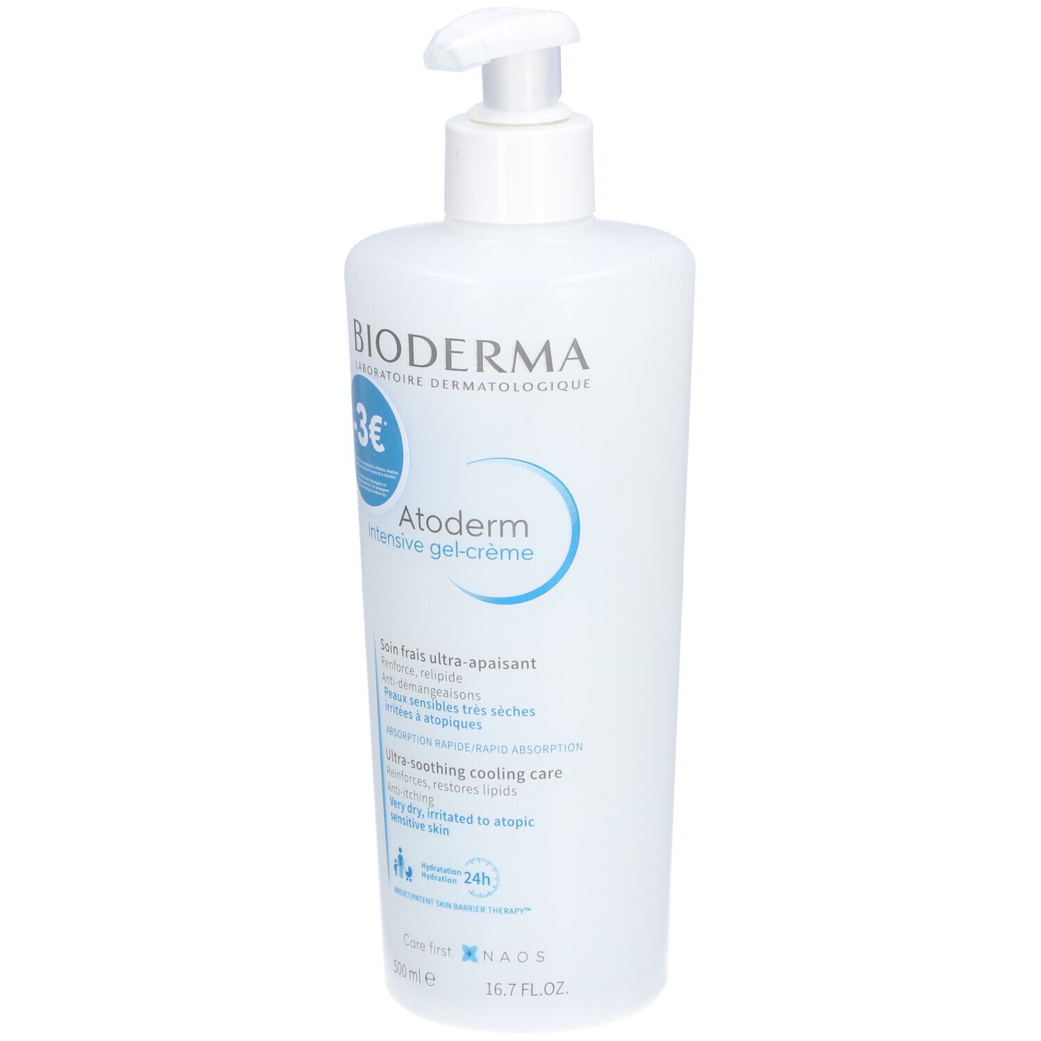 Flacon blanc avec pompe. Inscription: Bioderma, Atoderm Intensive gel-crème. Étiquettes bleues avec texte.