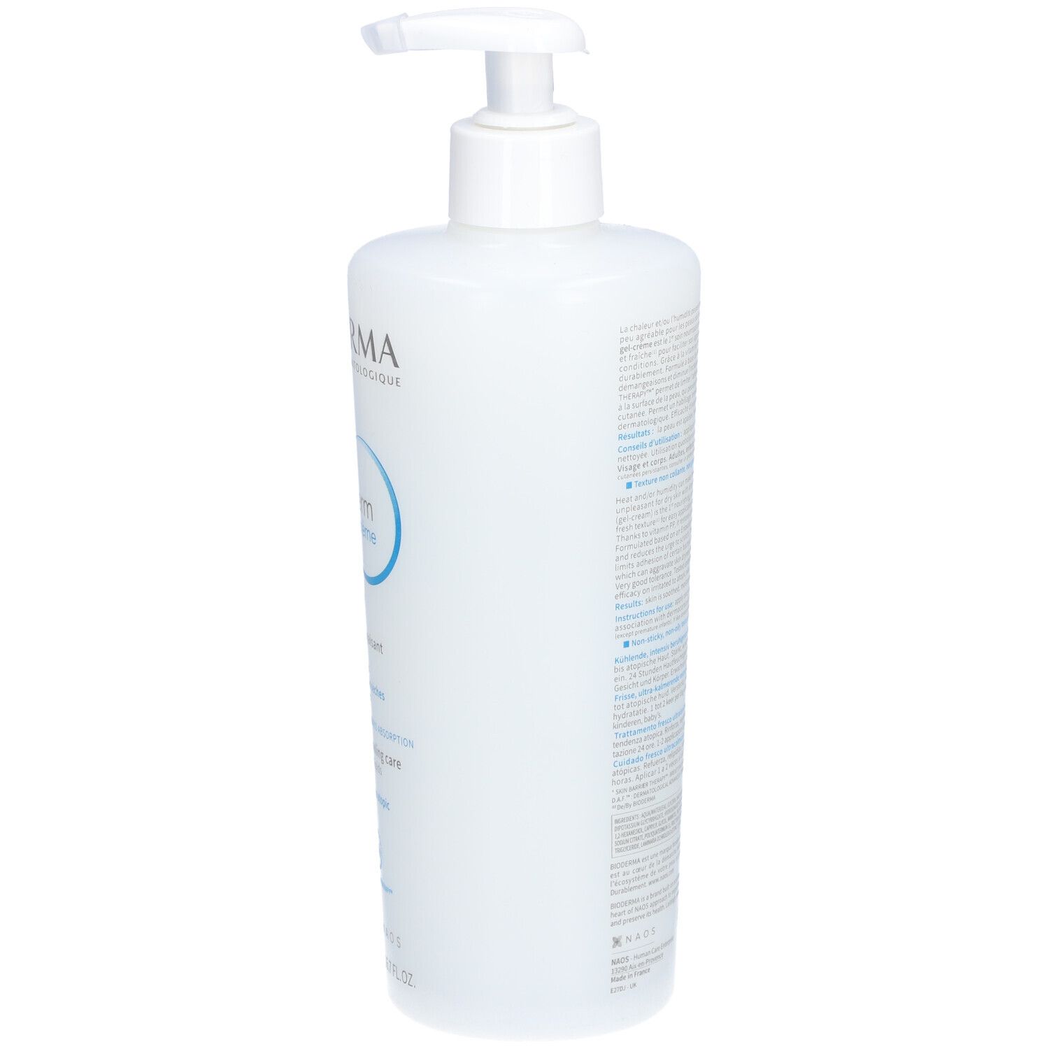 Flacon blanc avec pompe. Dos avec texte. Vue partielle.