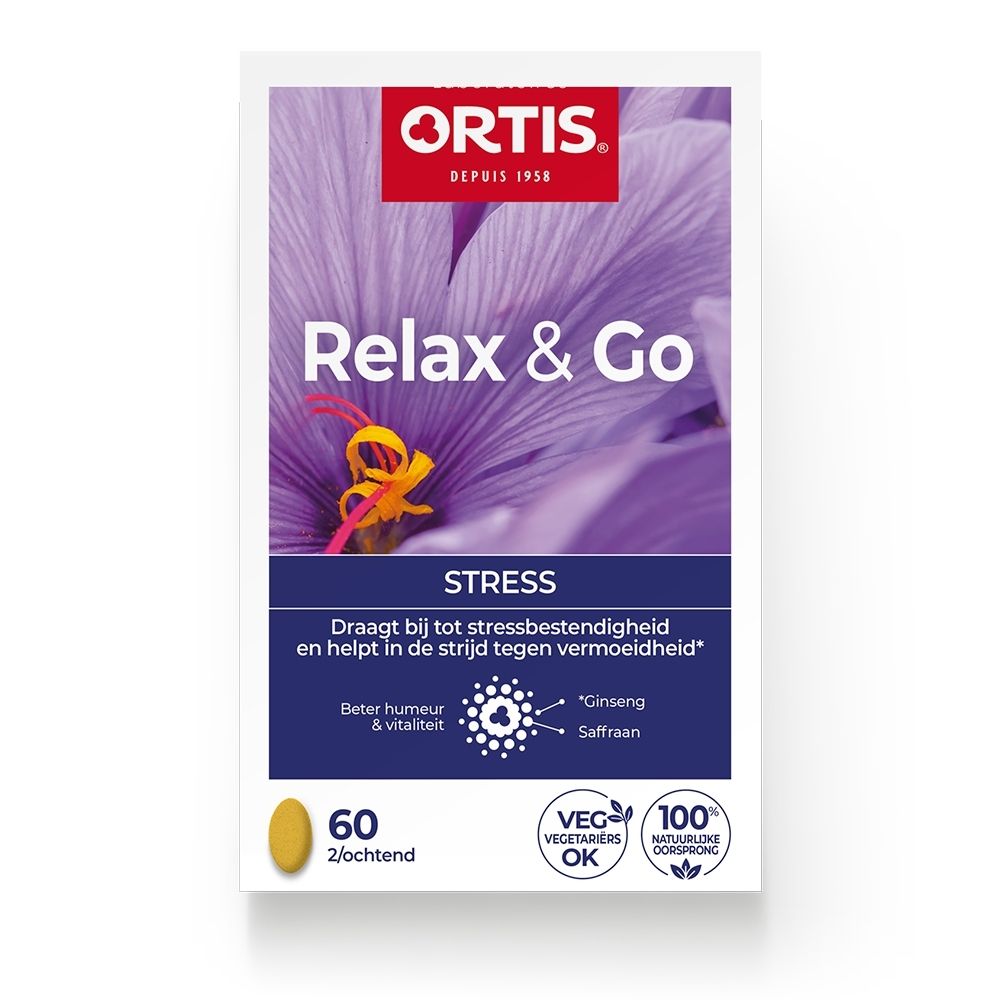 Ortis Relax & Go verpakking met 60 capsules, gericht op stressmanagement.