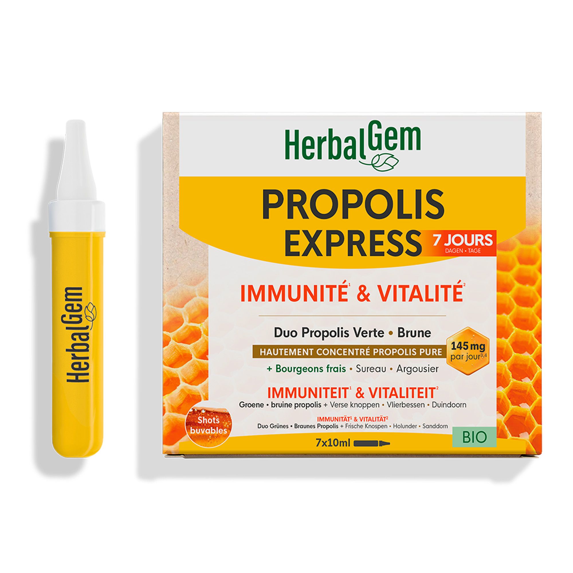 Doos HerbalGem Monodoses Propolis Bio. Gele ampullen. 7 dagen. Bio-certificering.