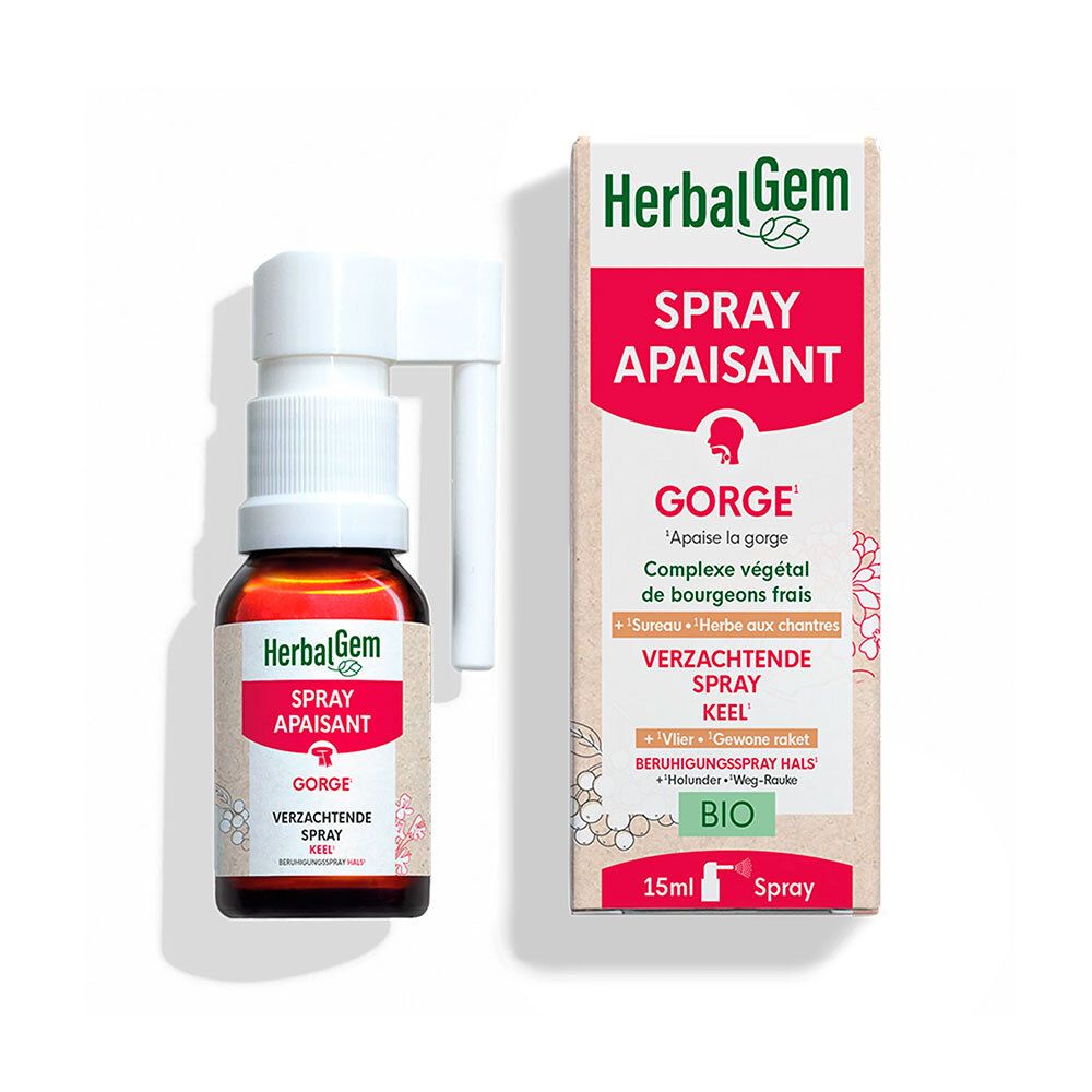 Emballage, flacon et applicateur. Texte: Spray Apaisant Gorge. Logo Herbalgem.