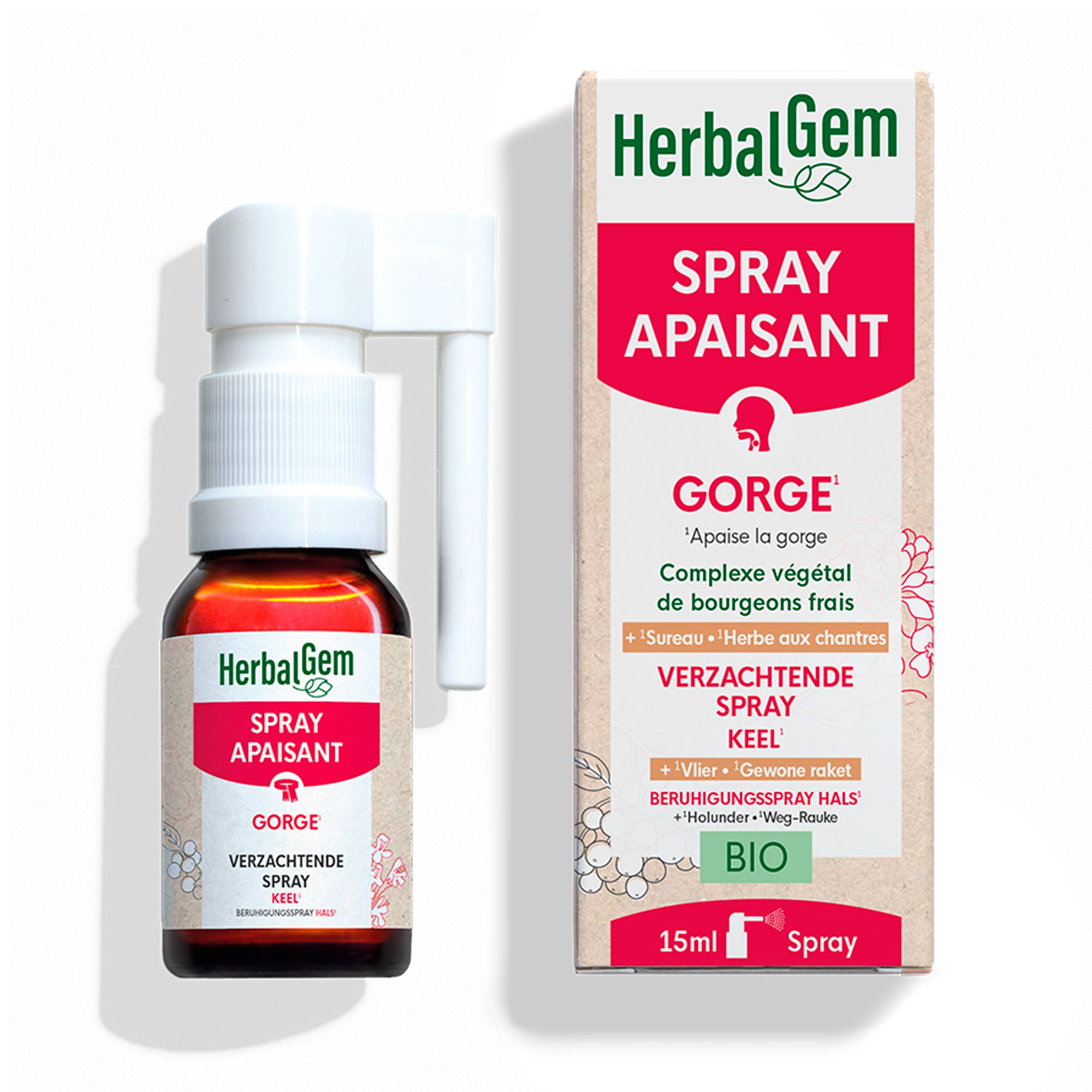 Verpakking, fles en sproeier. Tekst: Spray Apaisant Gorge. Herbalgem logo.