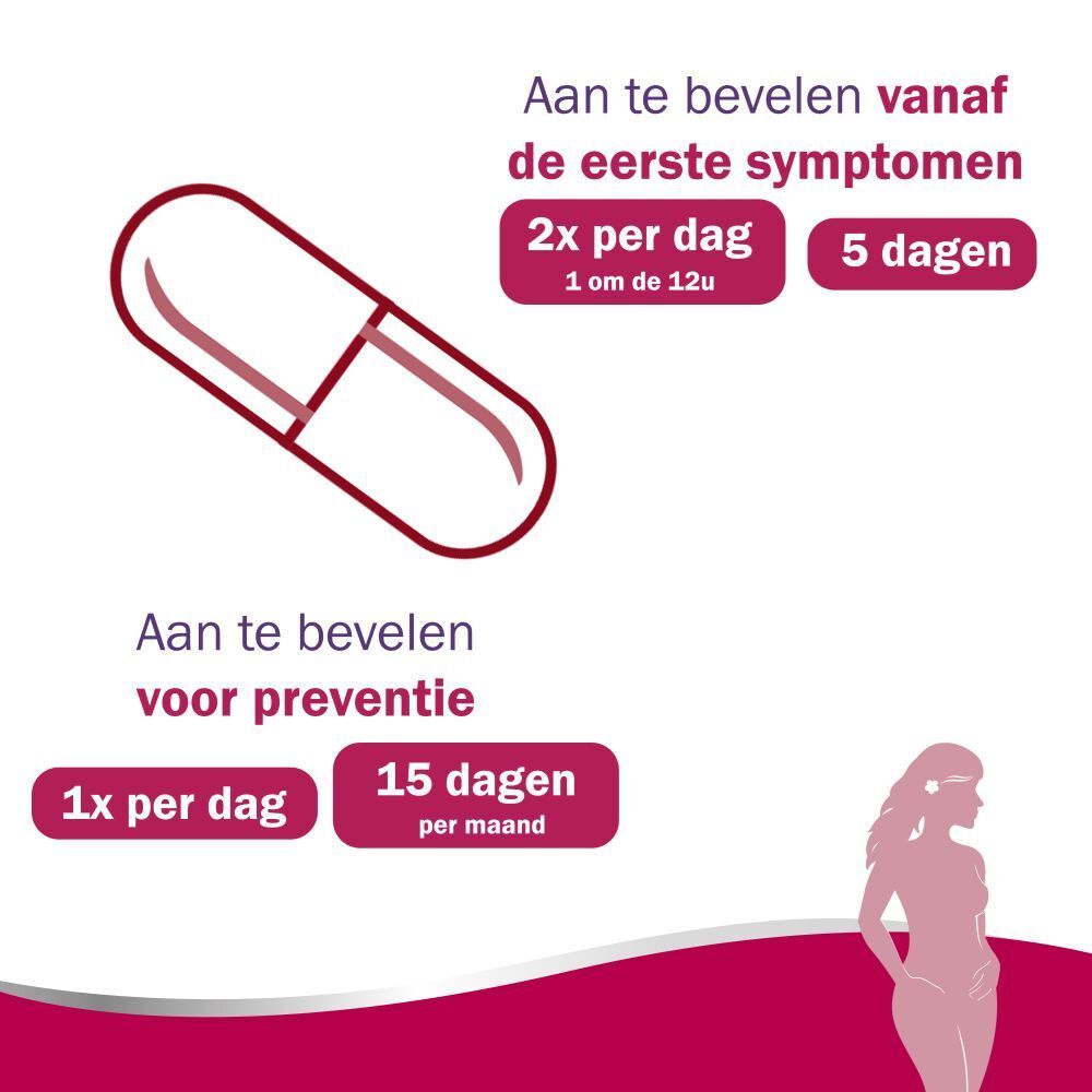 Grafiek: capsule, 2x per dag gedurende 5 dagen, 1x per dag gedurende 15 dagen. Tekst: Aanbeveling.