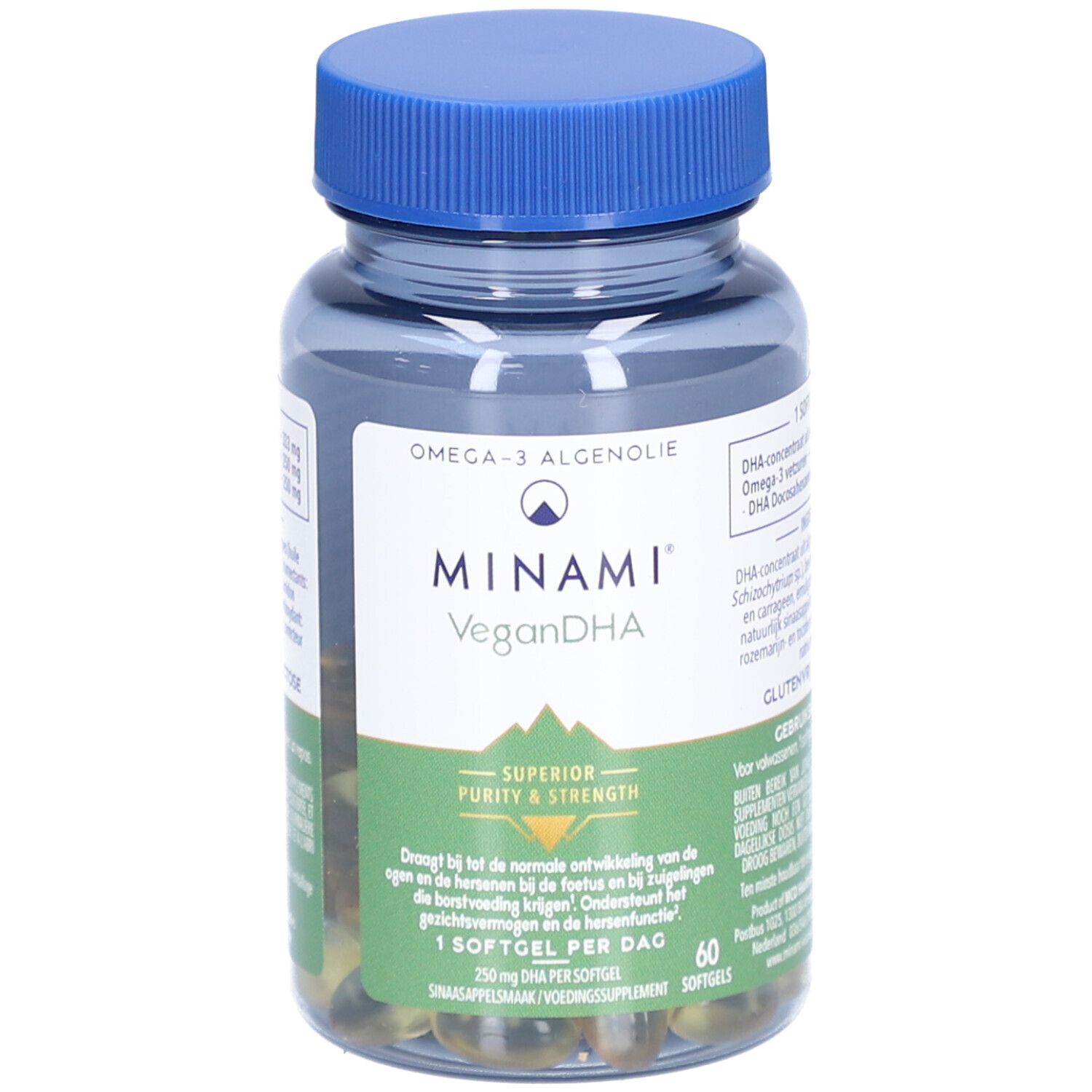 Transparante fles met blauwe dop. Etiket met productnaam Minami VeganDHA en groene capsules.