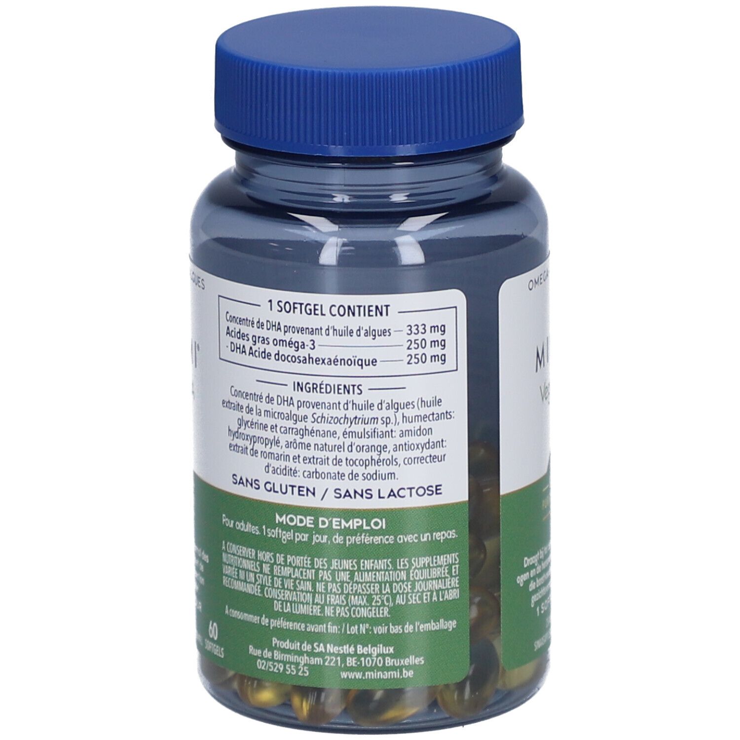 Achterkant van de fles met productinformatie. Bevat informatie over ingrediënten en voedingswaarde.