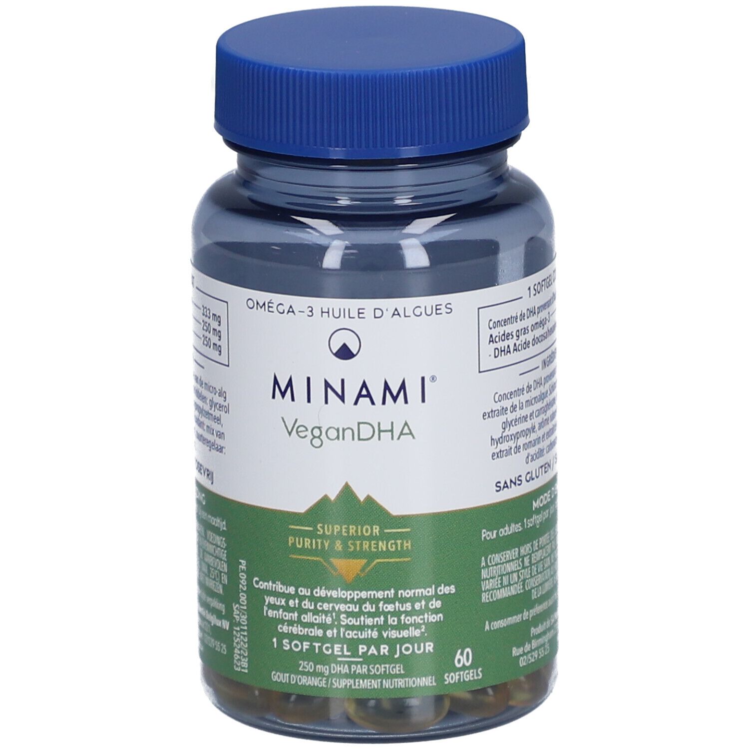 Transparante fles met blauwe dop. Etiket met productnaam Minami VeganDHA en groene capsules.
