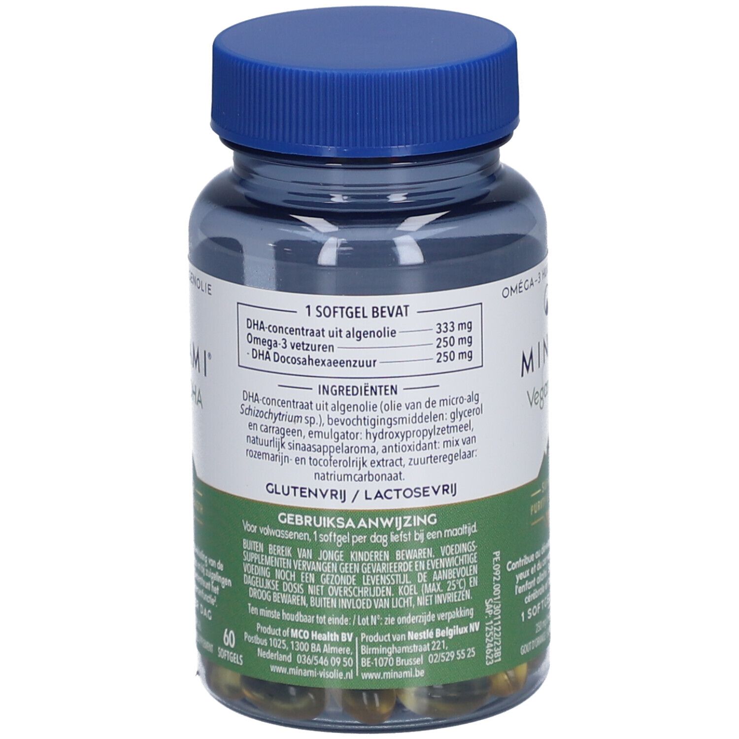 Achterkant van de fles met productinformatie. Bevat informatie over ingrediënten en voedingswaarde.