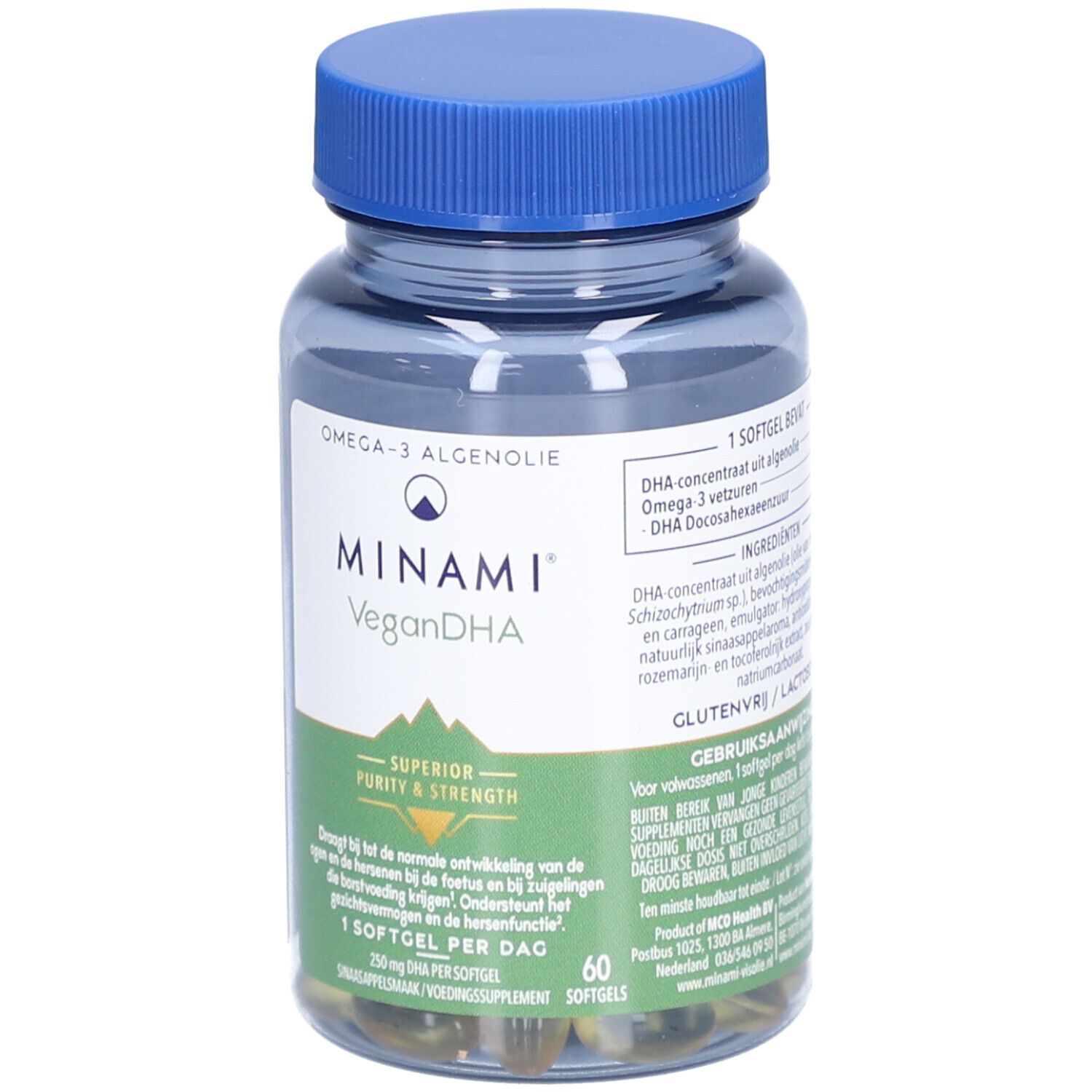 Transparante fles met blauwe dop. Etiket met productnaam Minami VeganDHA en groene capsules.