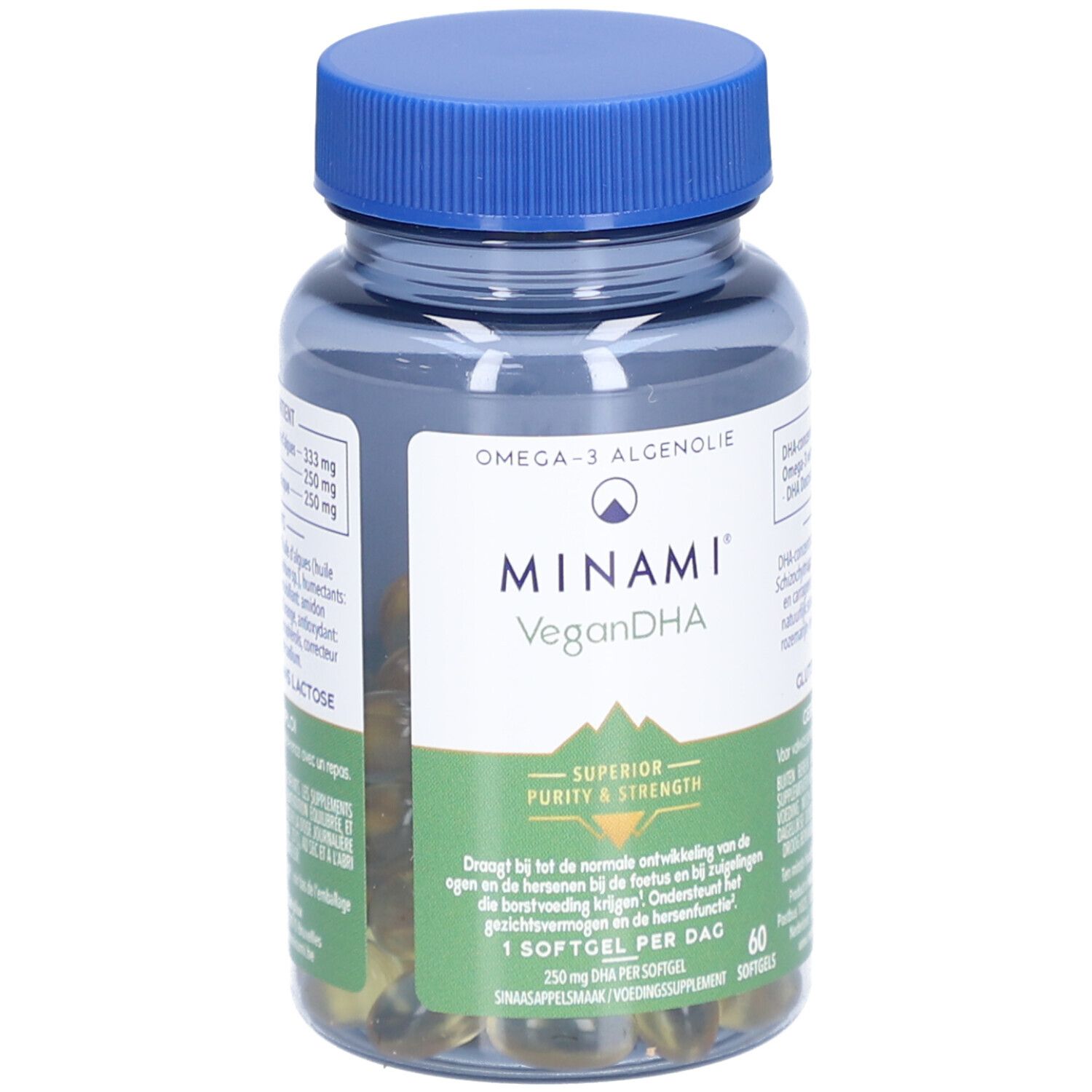 Transparante fles met blauwe dop. Etiket met productnaam Minami VeganDHA en groene capsules.