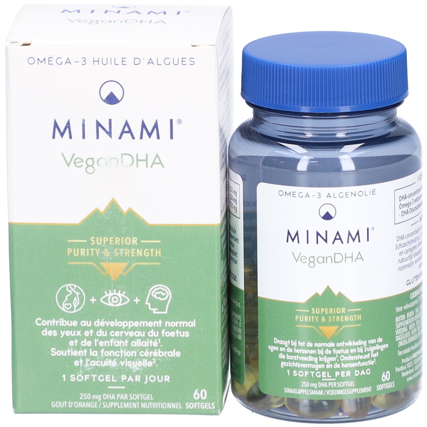 Productfles en verpakking naast elkaar. Verpakking met productnaam Minami VeganDHA.