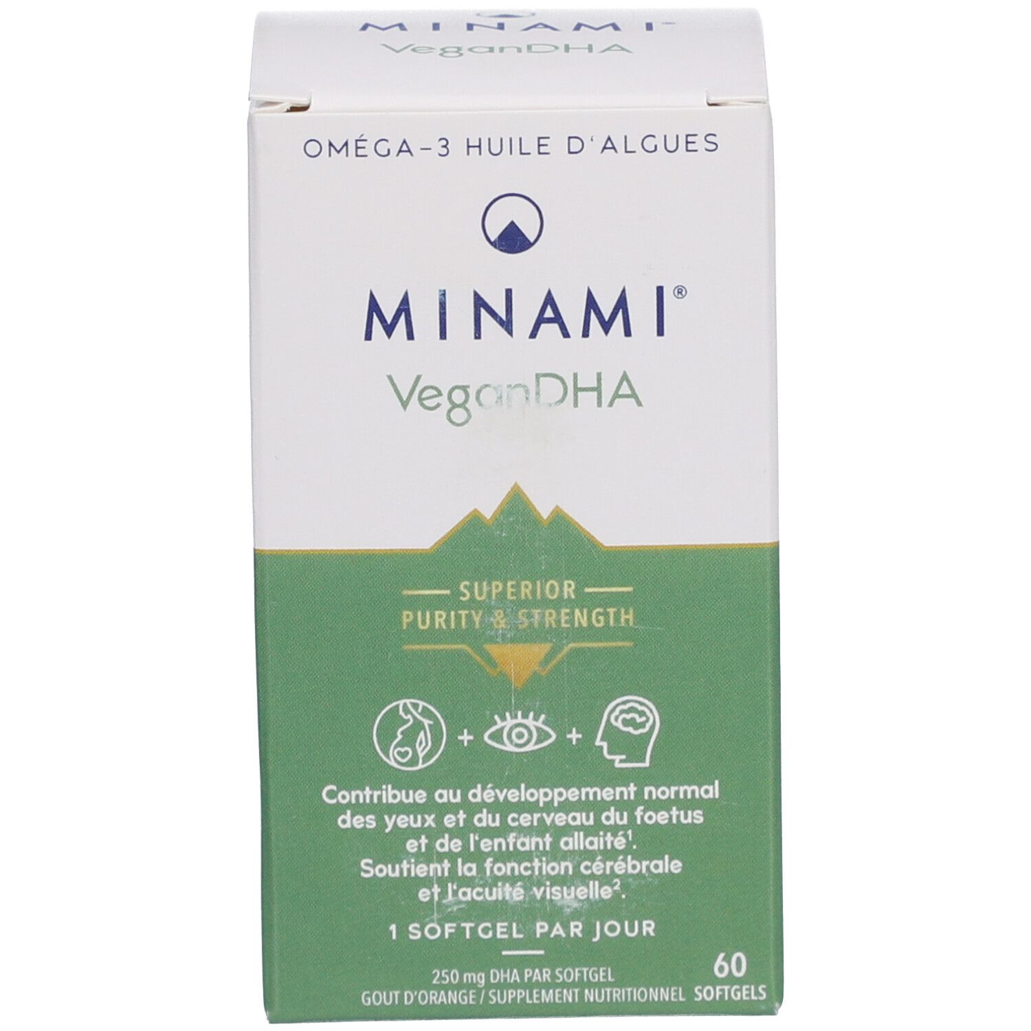 Groene productverpakking met witte deksel. Toont de productnaam Minami VeganDHA.