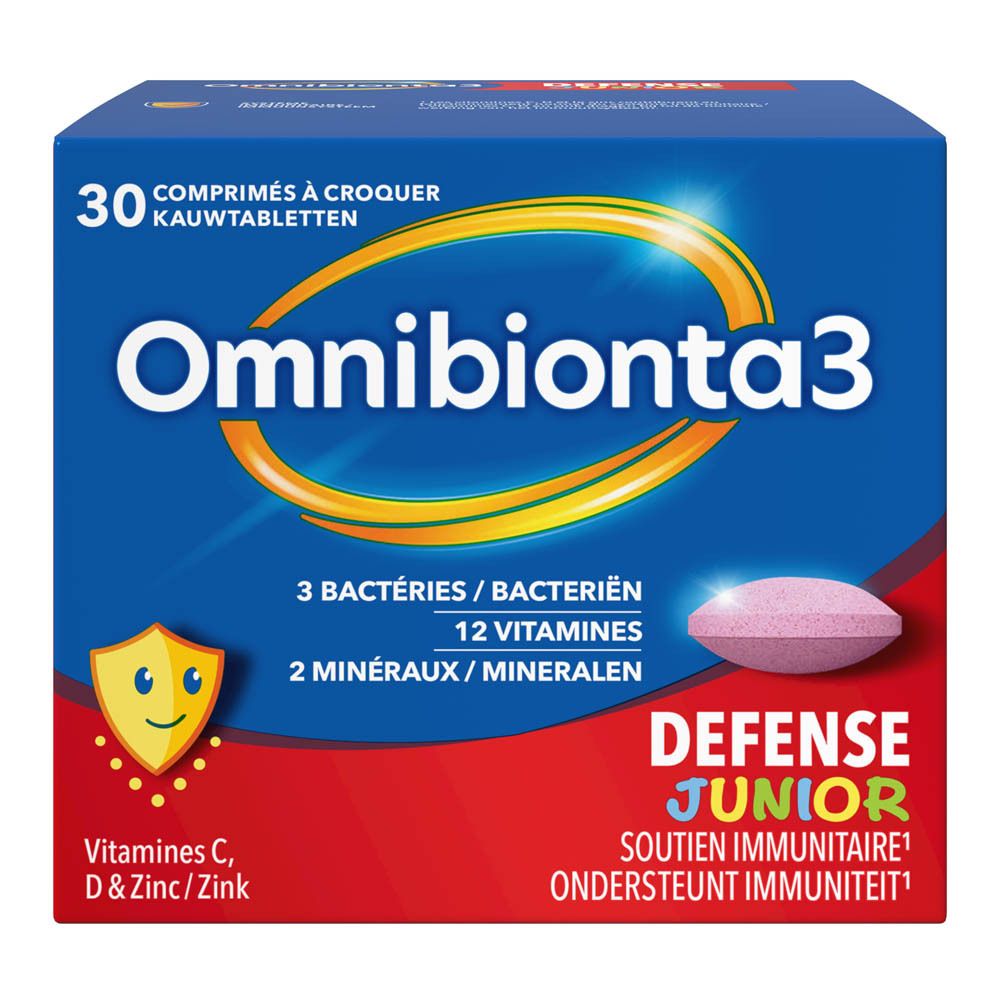 Blauwe doos Omnibionta3 Defense Junior. 30 kauwtabletten. Roze tablet zichtbaar.