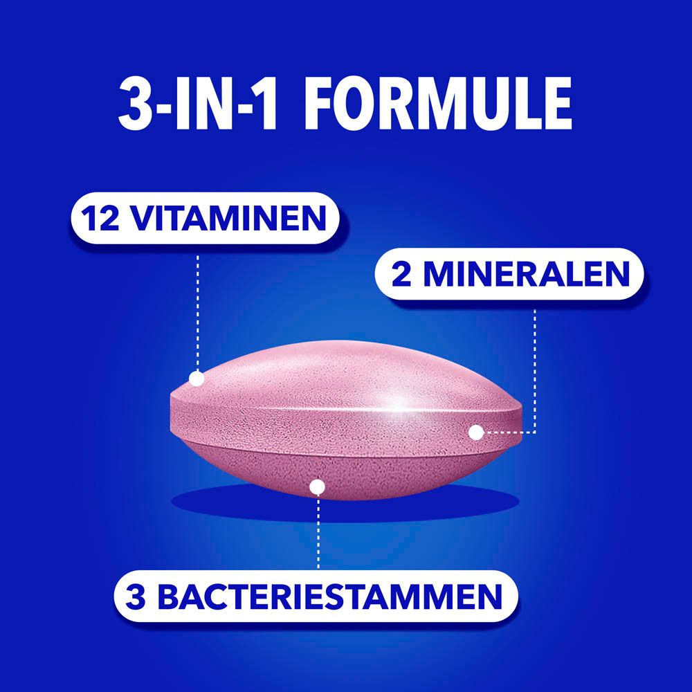 Roze tablet met 3-in-1 formule: 12 vitaminen, 2 mineralen, 3 bacteriestammen.