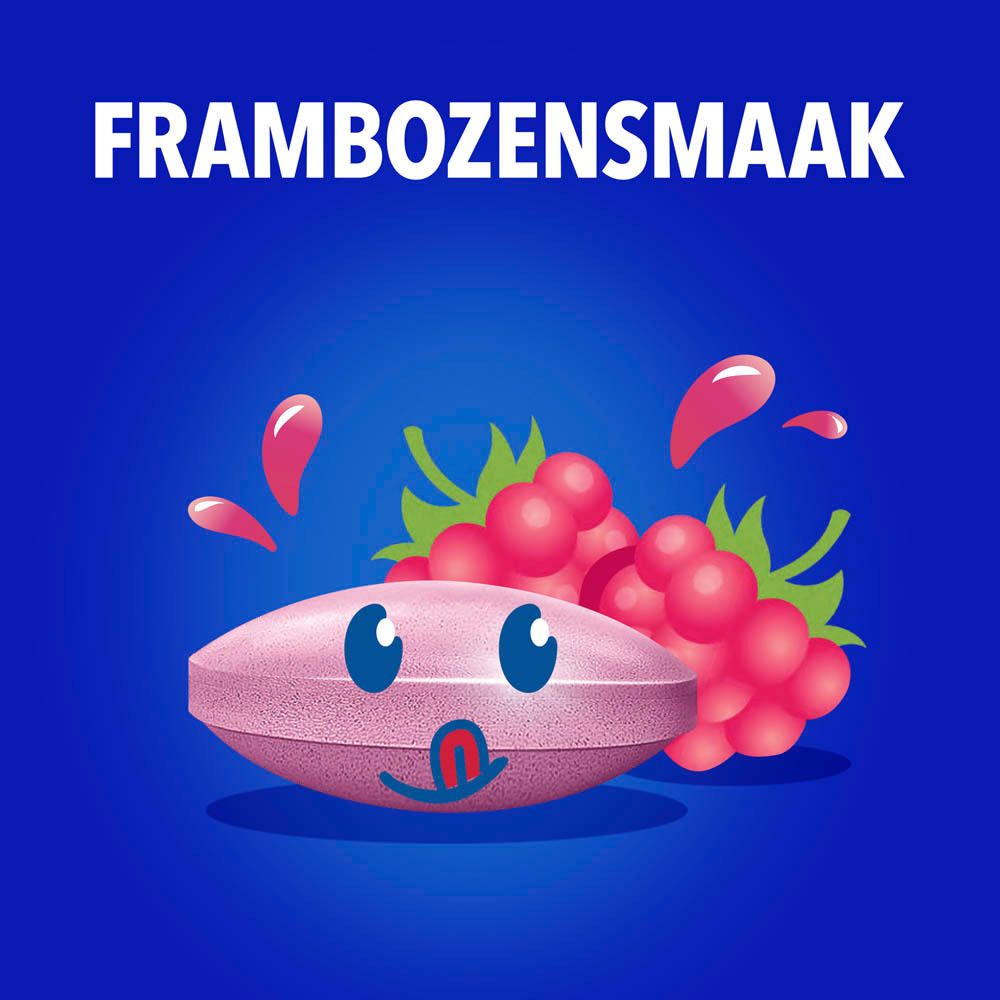 Roze tablet met frambozensmaak. Afgebeeld met frambozen en een lachend gezicht.