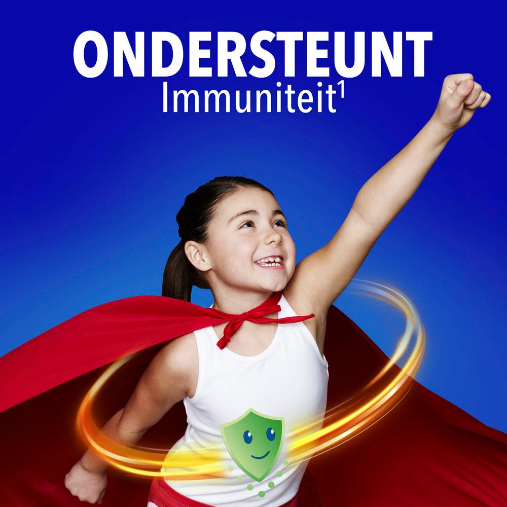 Kind met superhelden cape. Tekst: Ondersteunt immuniteit.