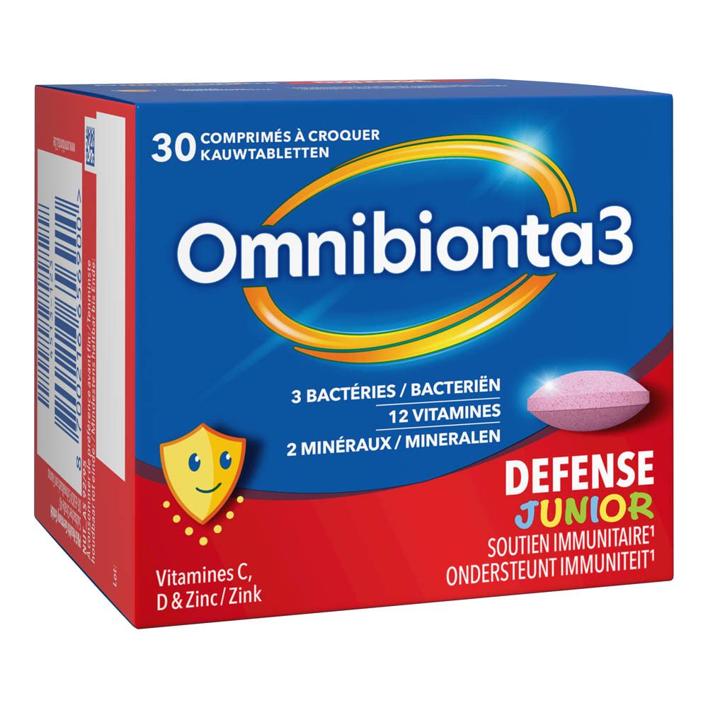 Blauwe doos Omnibionta3 Defense Junior. 30 kauwtabletten. Roze tablet zichtbaar.