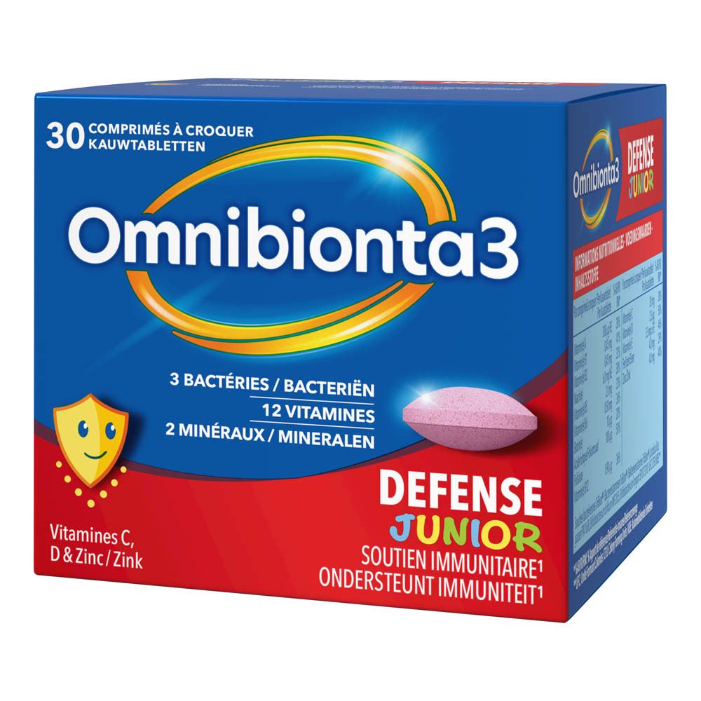 Blauwe doos Omnibionta3 Defense Junior. 30 kauwtabletten. Roze tablet zichtbaar.