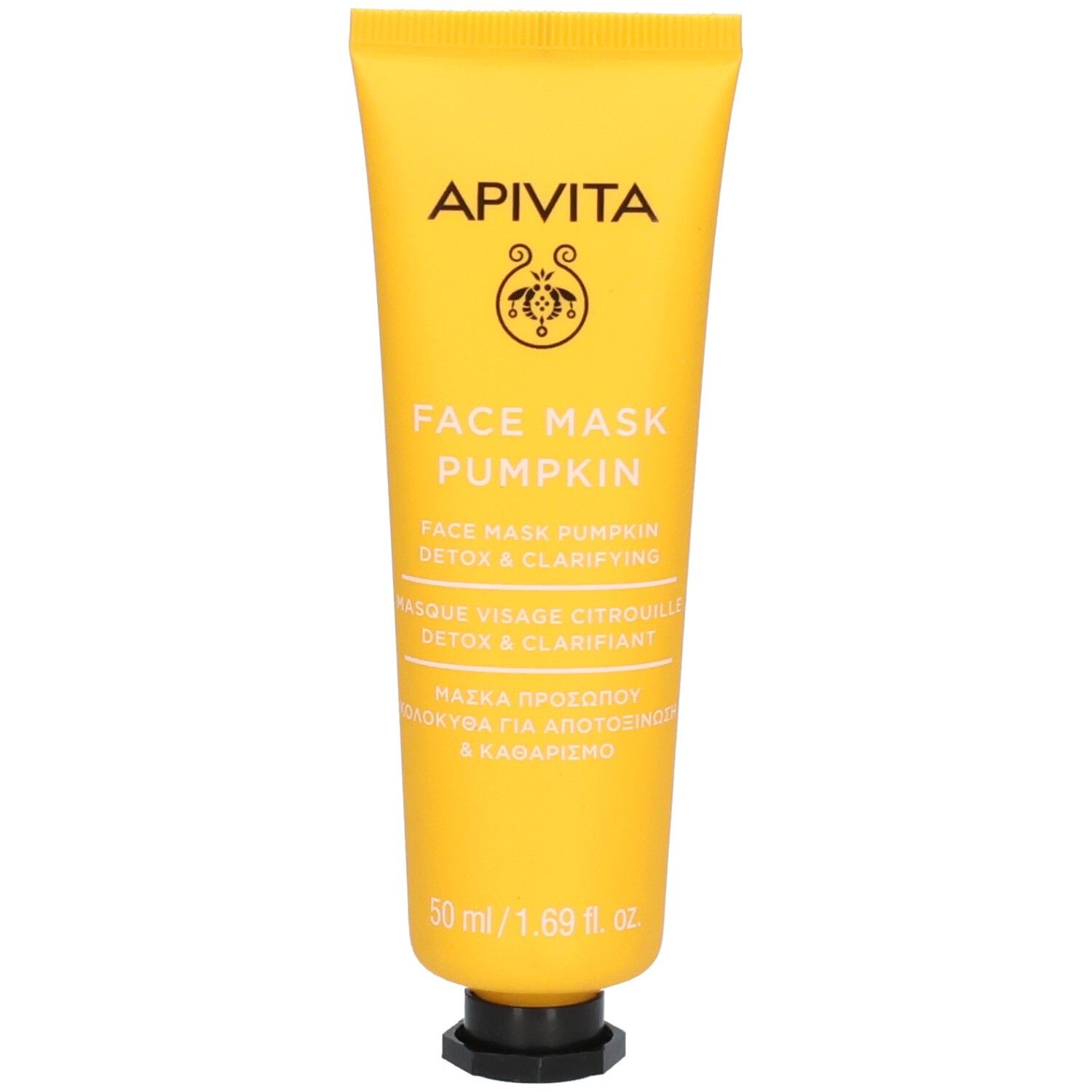 Gele tube met product. Opschrift: APIVITA, FACE MASK PUMPKIN, 50 ml/1.69 fl. oz. Zwarte dop.