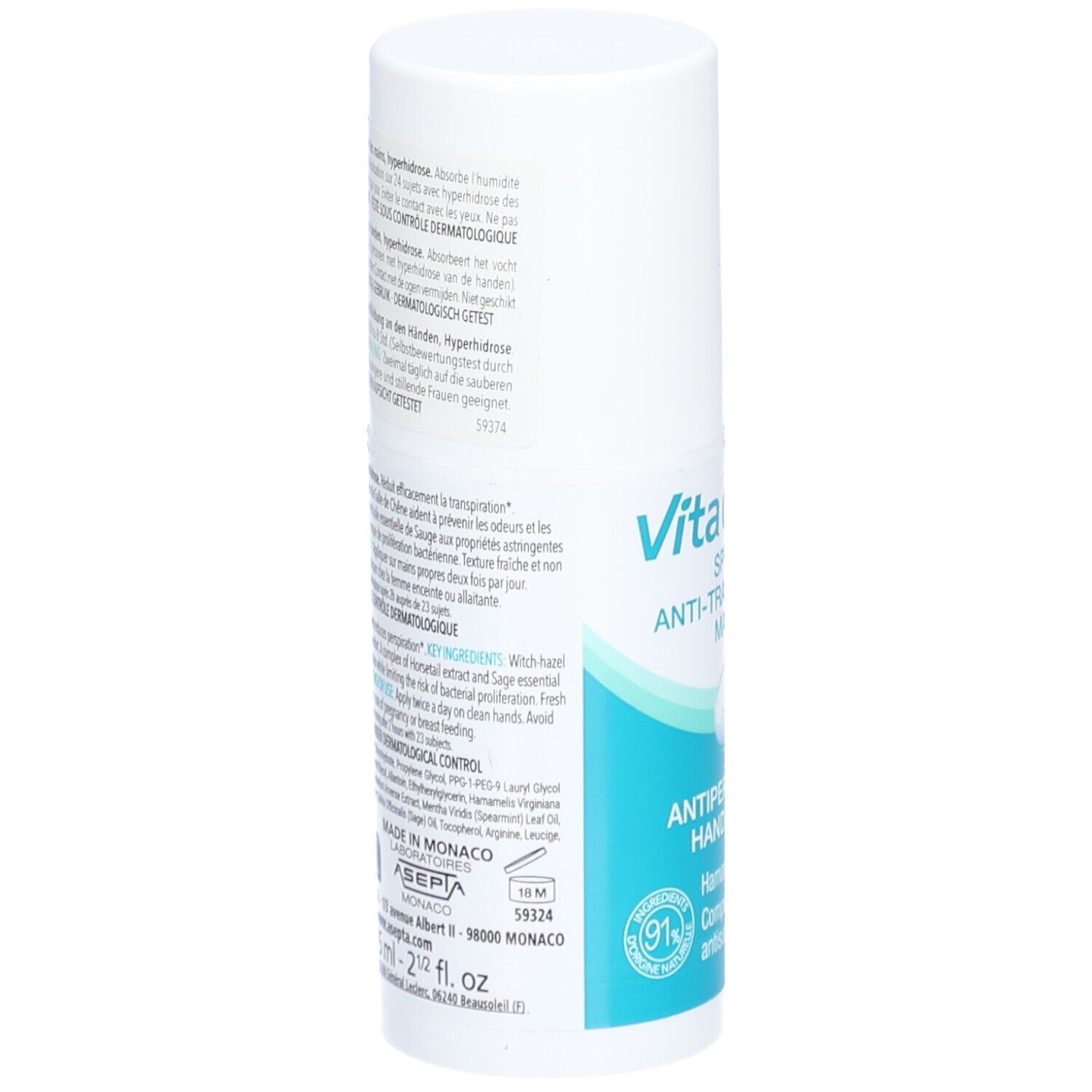 Spray Anti-Transpirant Mains Vita citral. Flacon blanc avec texte. Dos avec informations produit. Avec Hamamélis et Allantoïne.