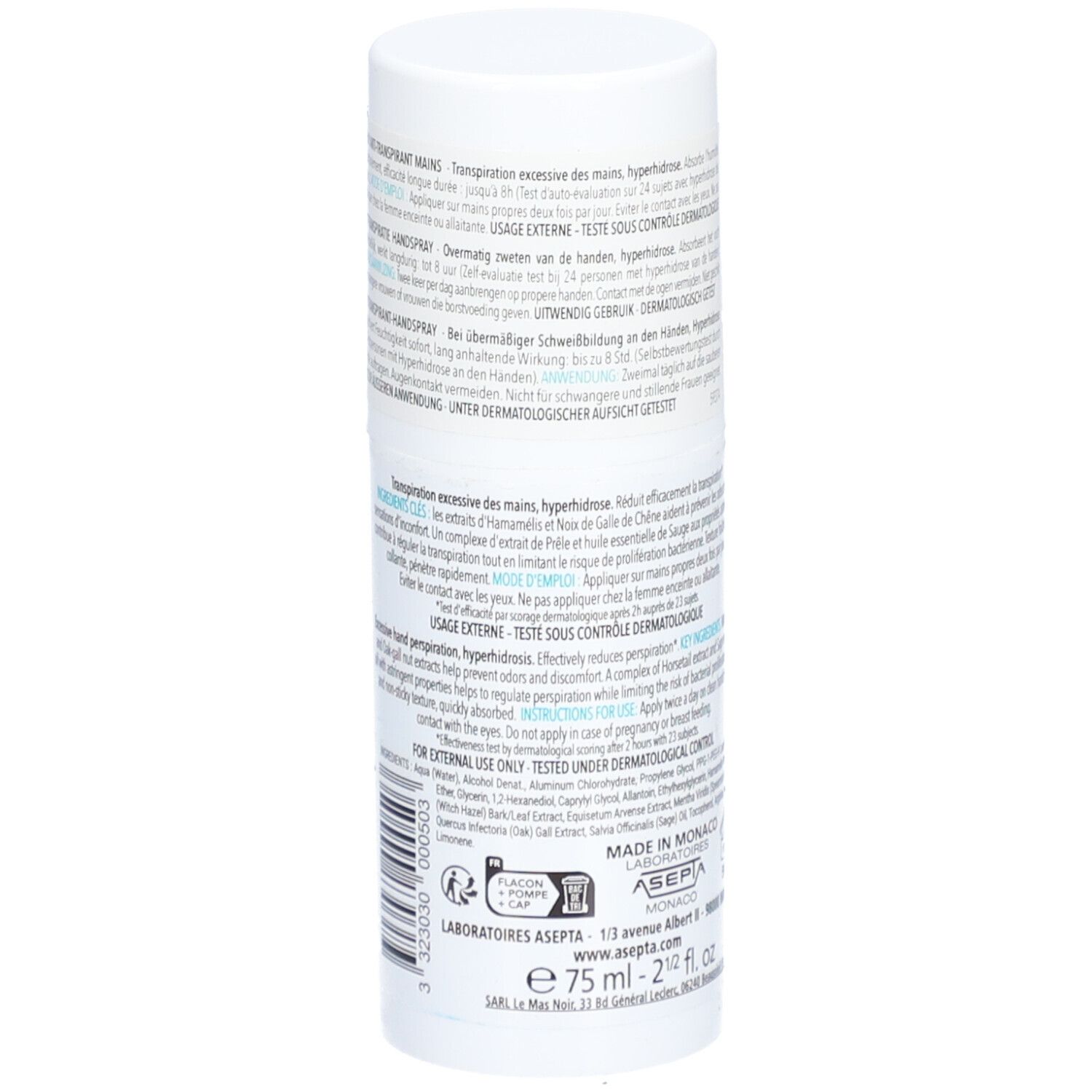 Spray Anti-Transpirant Mains Vita citral. Flacon blanc avec texte. Dos avec informations produit. Avec Hamamélis et Allantoïne.