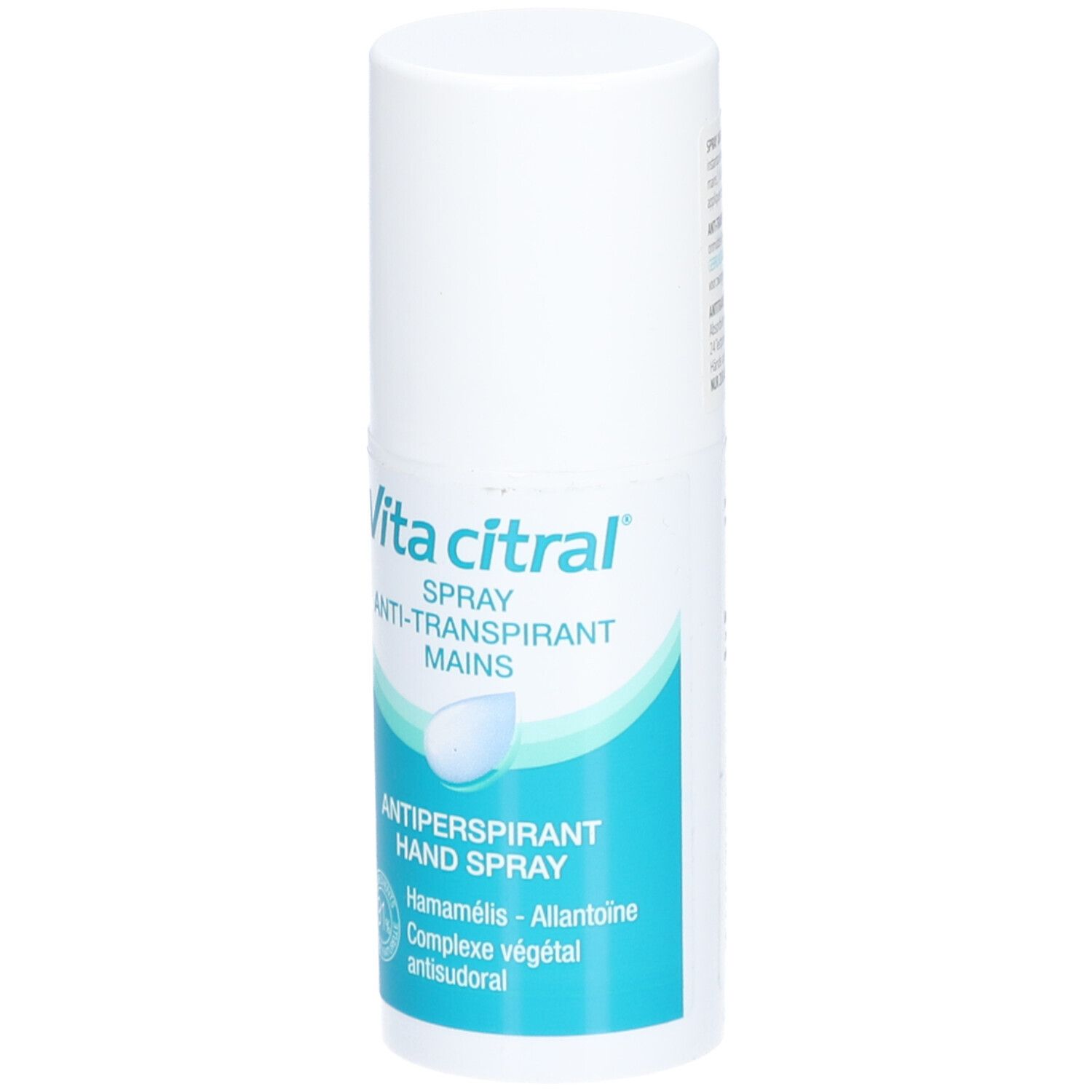 Spray Anti-Transpirant Mains Vita citral. Flacon blanc avec étiquette bleue. Texte: Anti-Transpirant Hand Spray. Avec Hamamélis et Allantoïne.