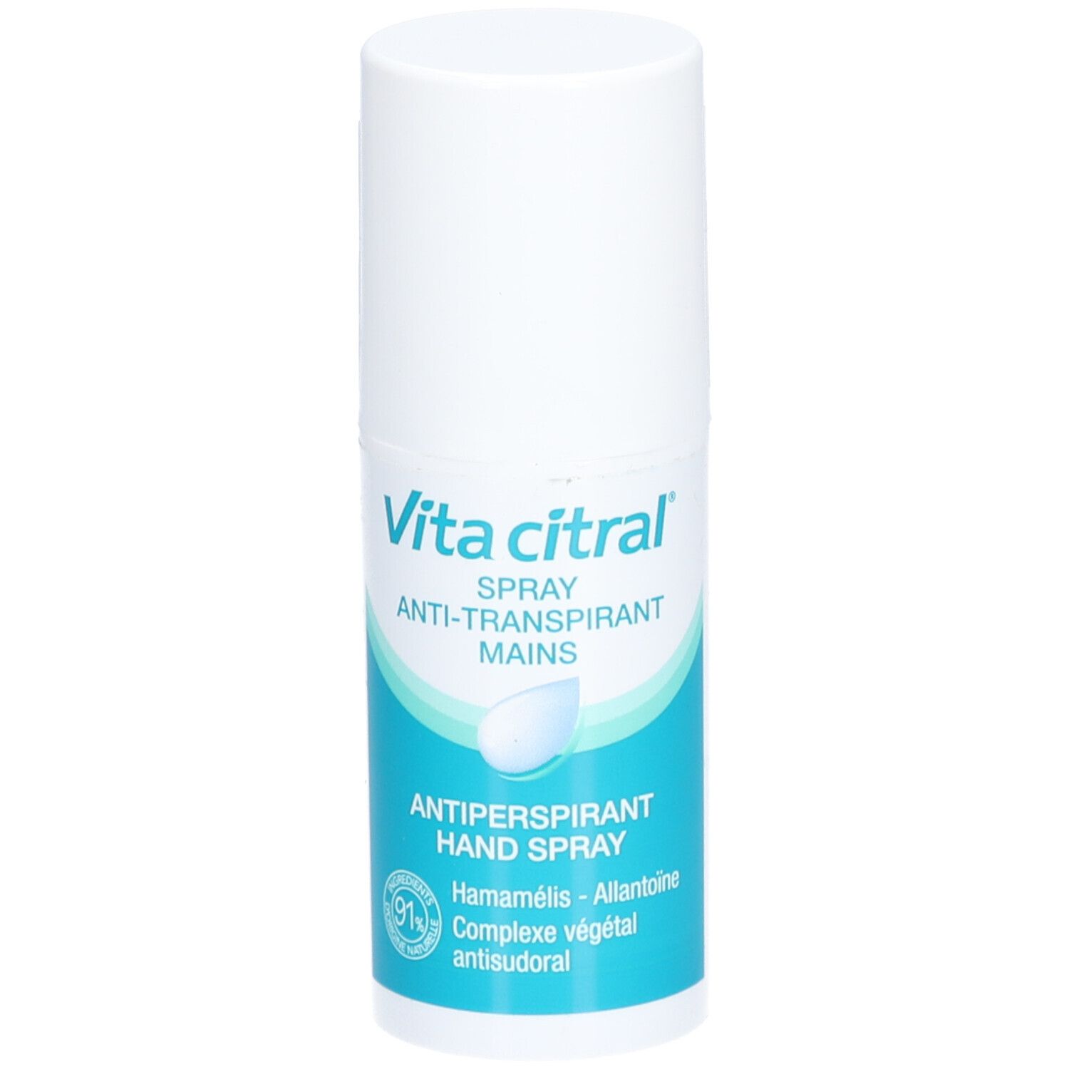 Spray Anti-Transpirant Mains Vita citral. Flacon blanc avec étiquette bleue. Texte: Anti-Transpirant Hand Spray. Avec Hamamélis et Allantoïne.