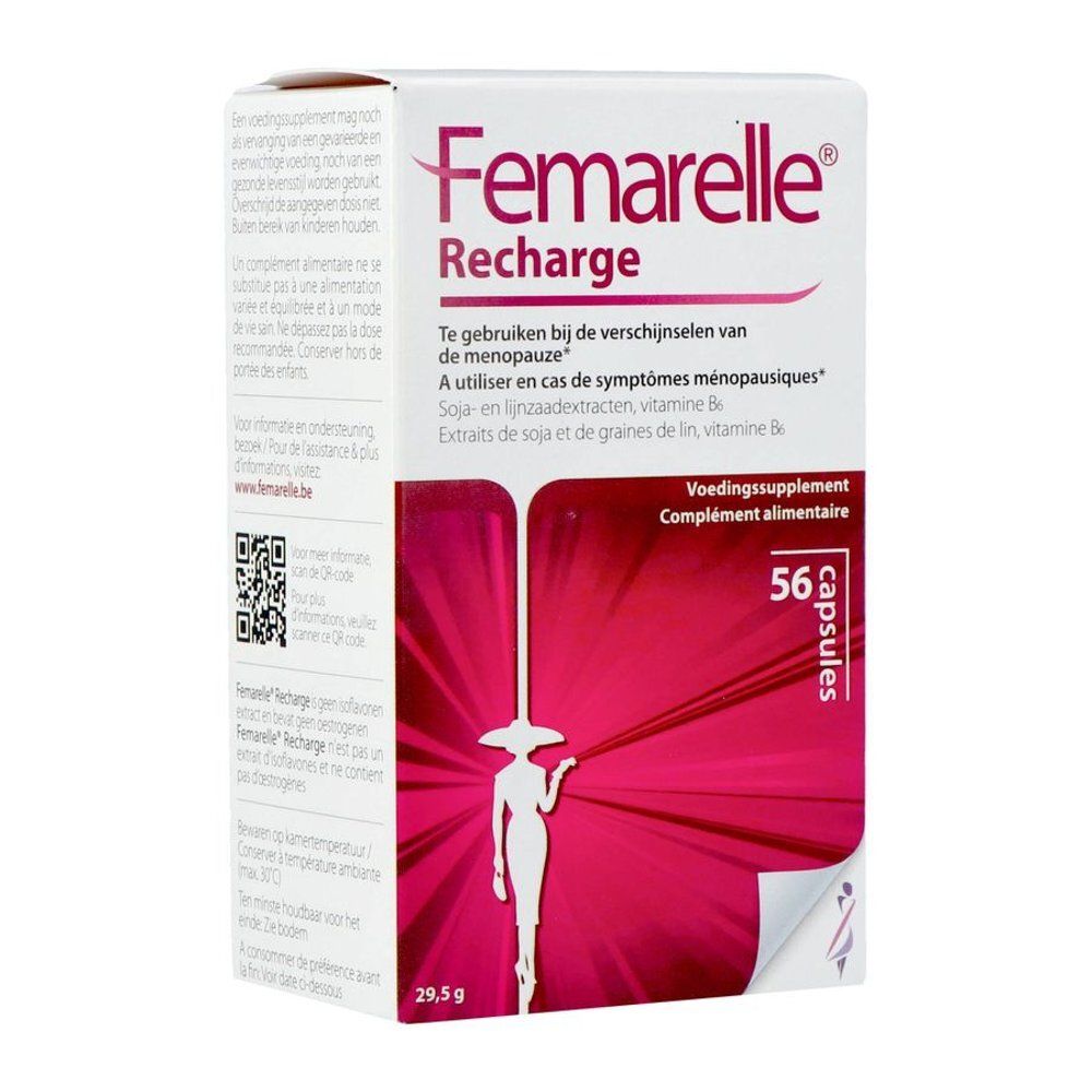 Femarelle Recharge verpakking. Witte doos met productnaam en 56 capsules. Bevat soja, lijnzaadextract en vitamine B6.