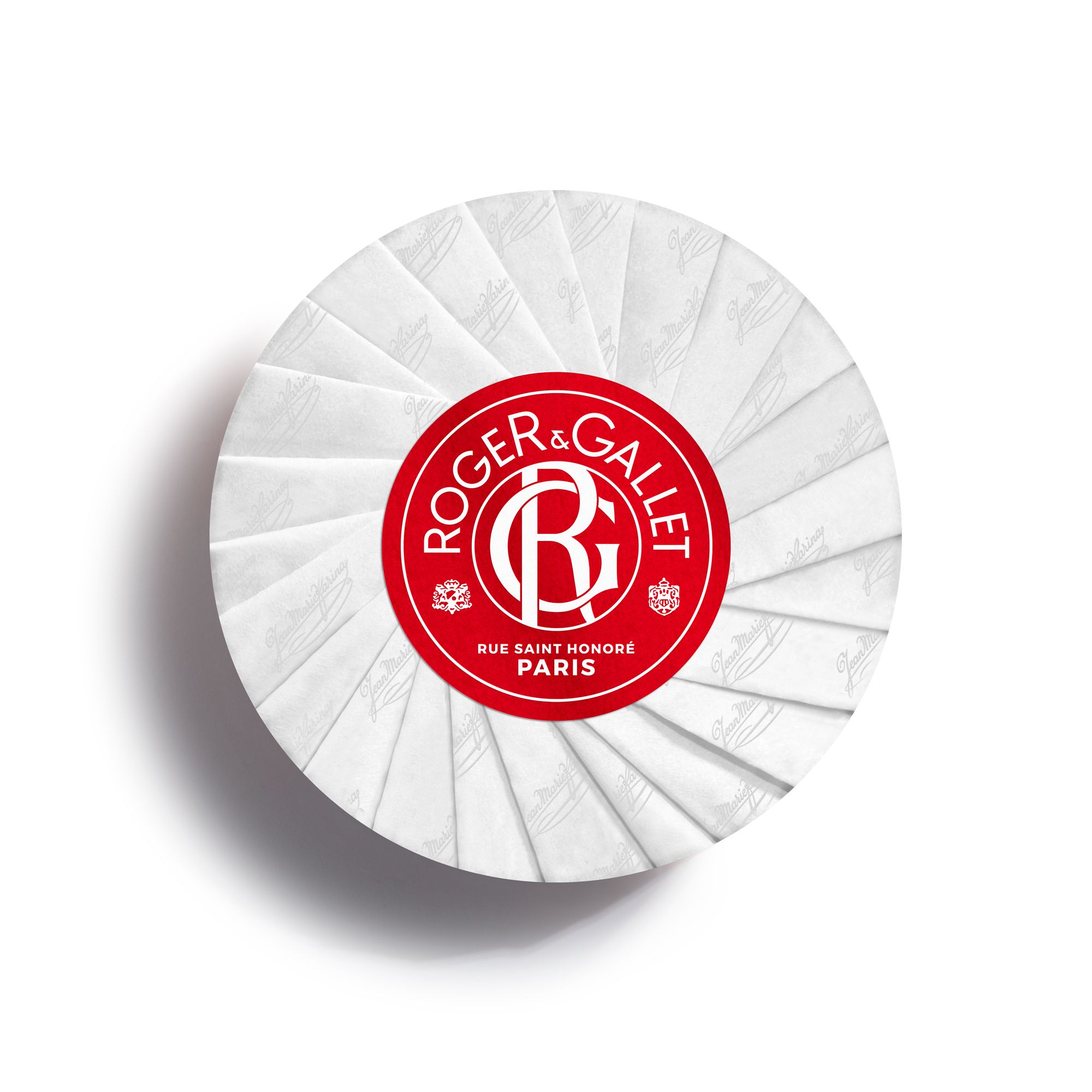 Ronde witte zeep met rood logo. Opschrift: Roger & Gallet, Jean-Marie Farina.