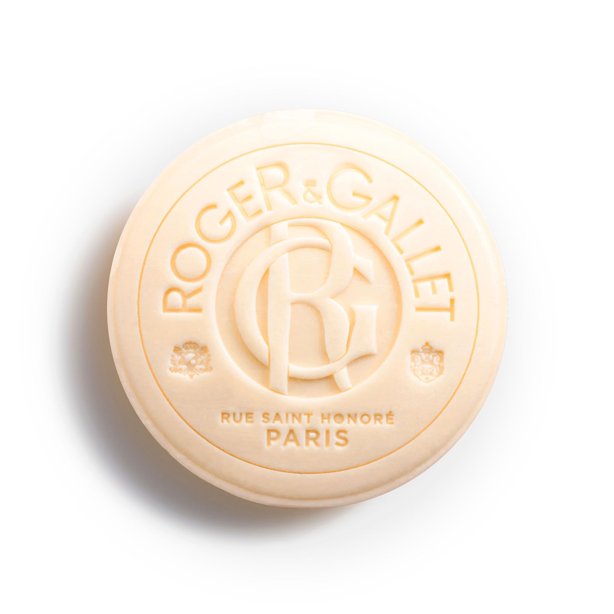 Ronde zeep. Opschrift: Roger & Gallet, Jean-Marie Farina, Rue Saint Honoré Paris.