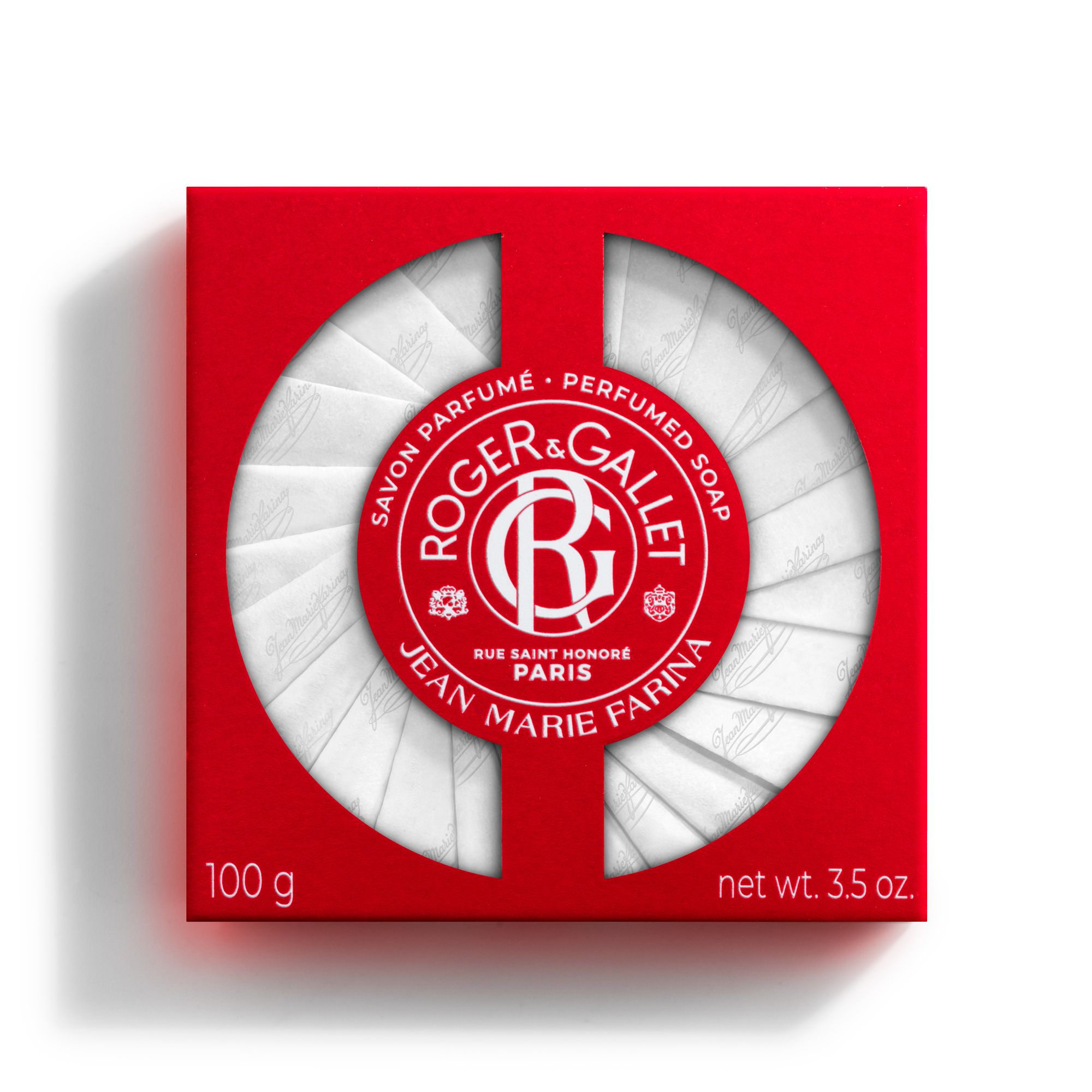 Rode doos met witte zeep. Opschrift: Roger & Gallet, Jean-Marie Farina. 100 g, 3.5 oz.