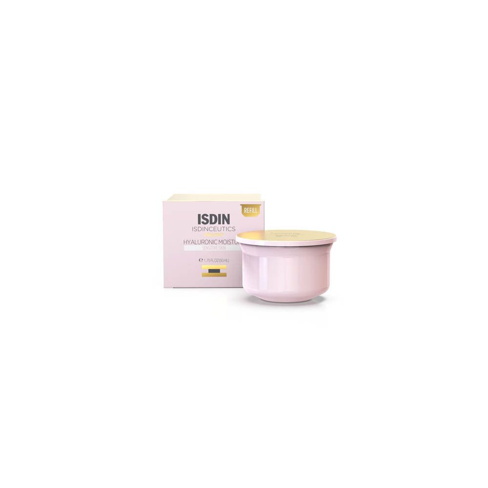 Roze pot en verpakking met productnaam. "ISDIN Isdinceutics Hyaluronic Moisture Sensitive Skin". Navulling.