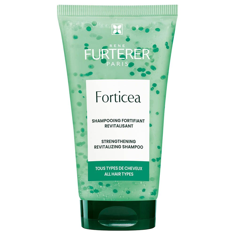 Rene Furterer Forticea Shampoo: Versterkende revitaliserende shampoo voor alle haartypes in een groene tube.