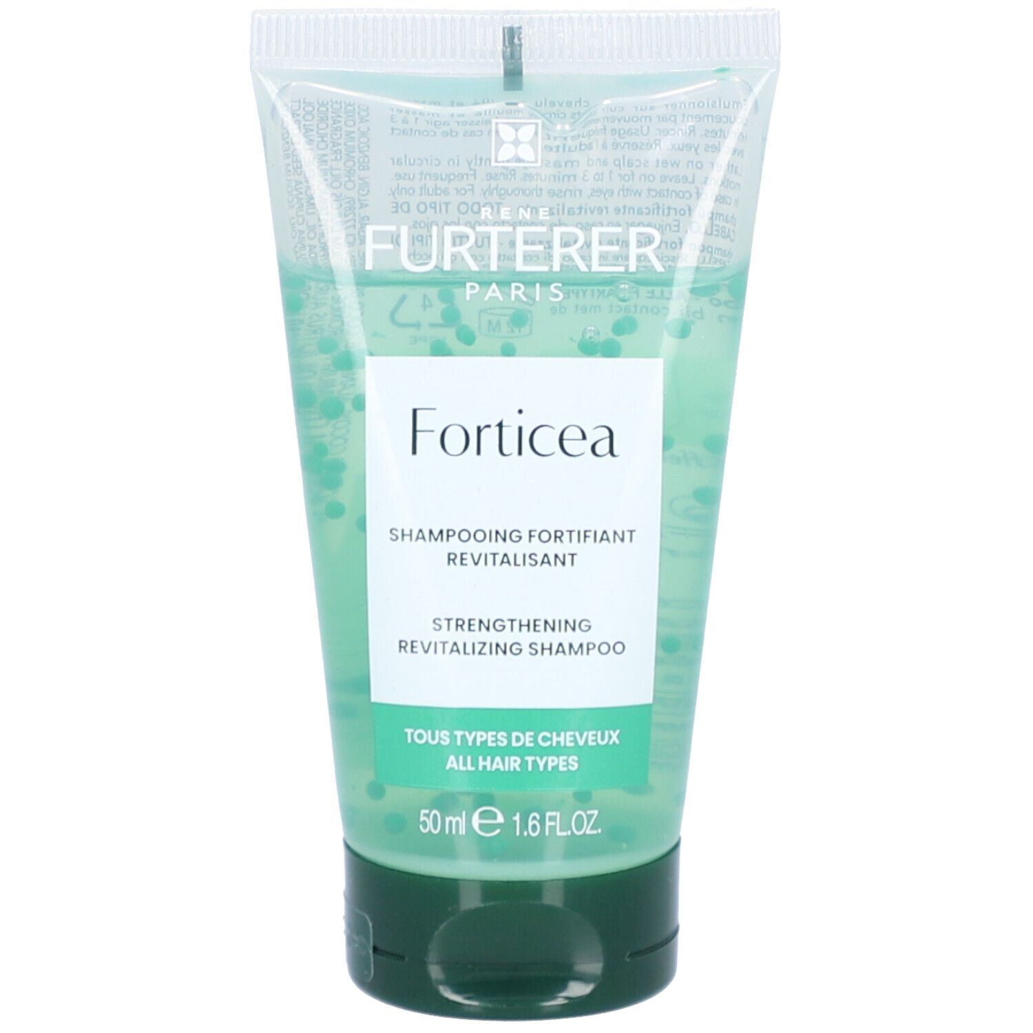 Transparante tube met groene shampoo. Opschrift: Forticea, Shampooing fortifiant revitalisant, 50ml.