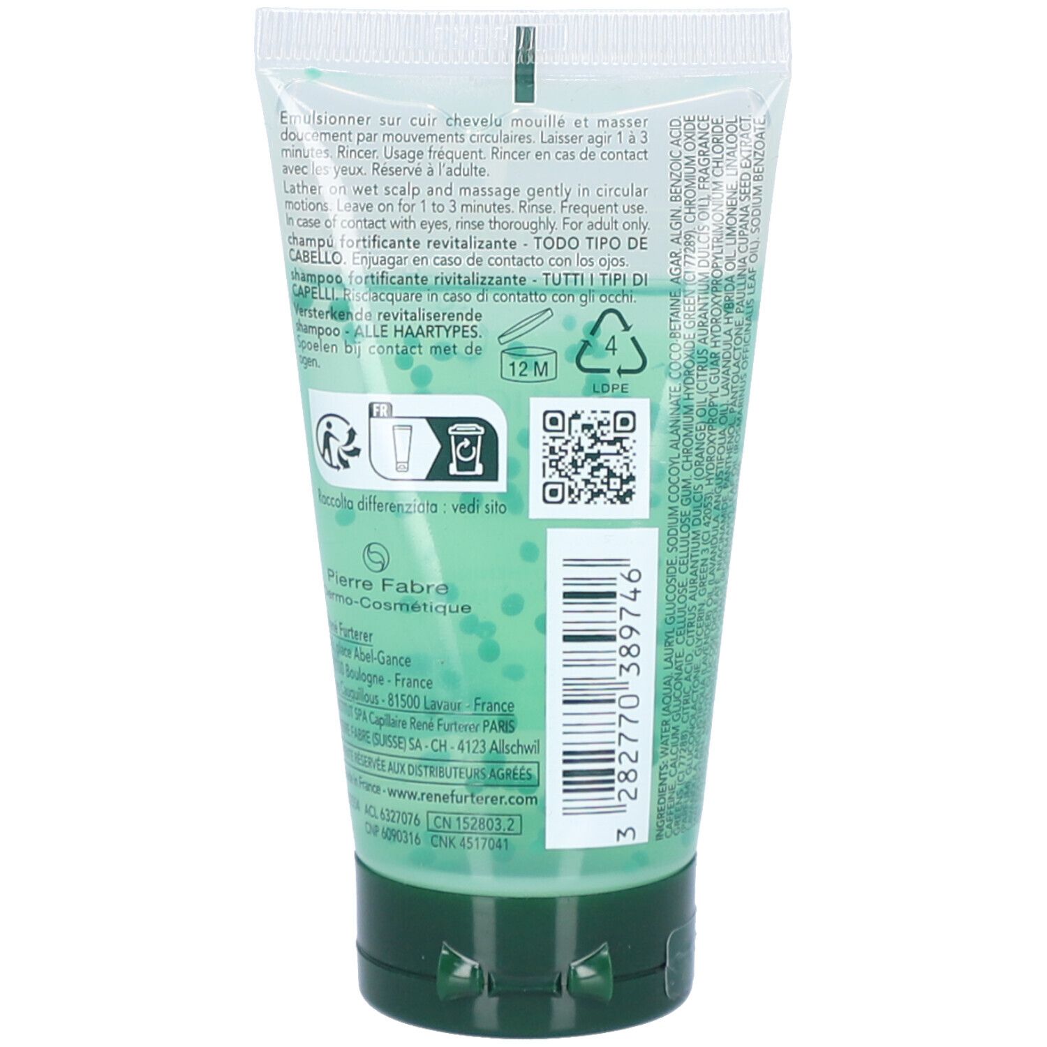 Achterkant van de tube met groene vloeistof. Tekst: Shampooing fortifiant revitalisant. QR-code en recyclagesymbool.