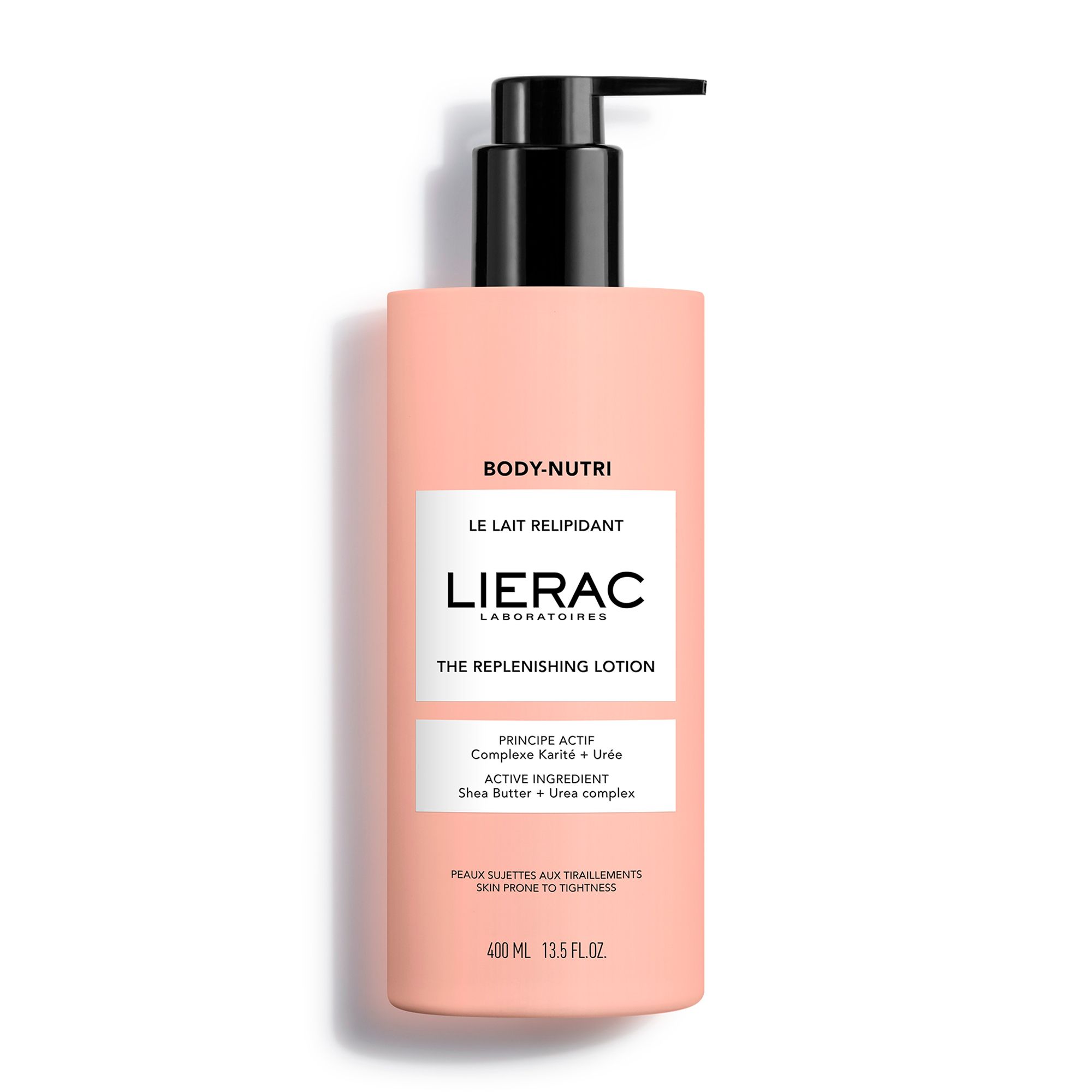 Flacon rose avec bouchon pompe noir. Inscriptions : LIERAC, BODY-NUTRI, THE REPLENISHING LOTION.