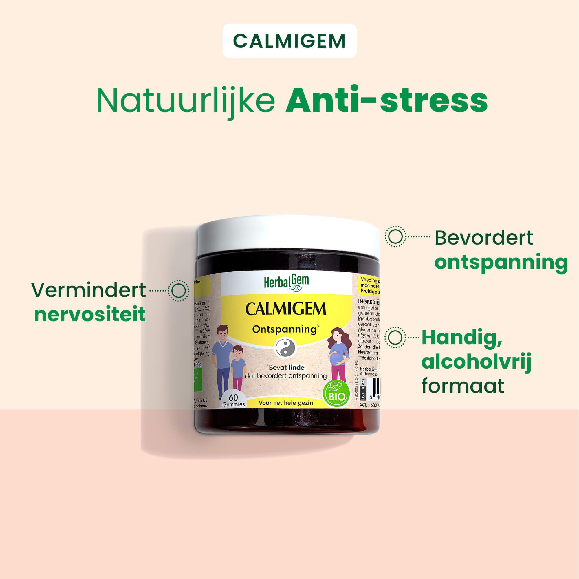 Calmigem Bio gummies. Vermindert nervositeit. Bevordert ontspanning. Handig, alcoholvrij formaat.