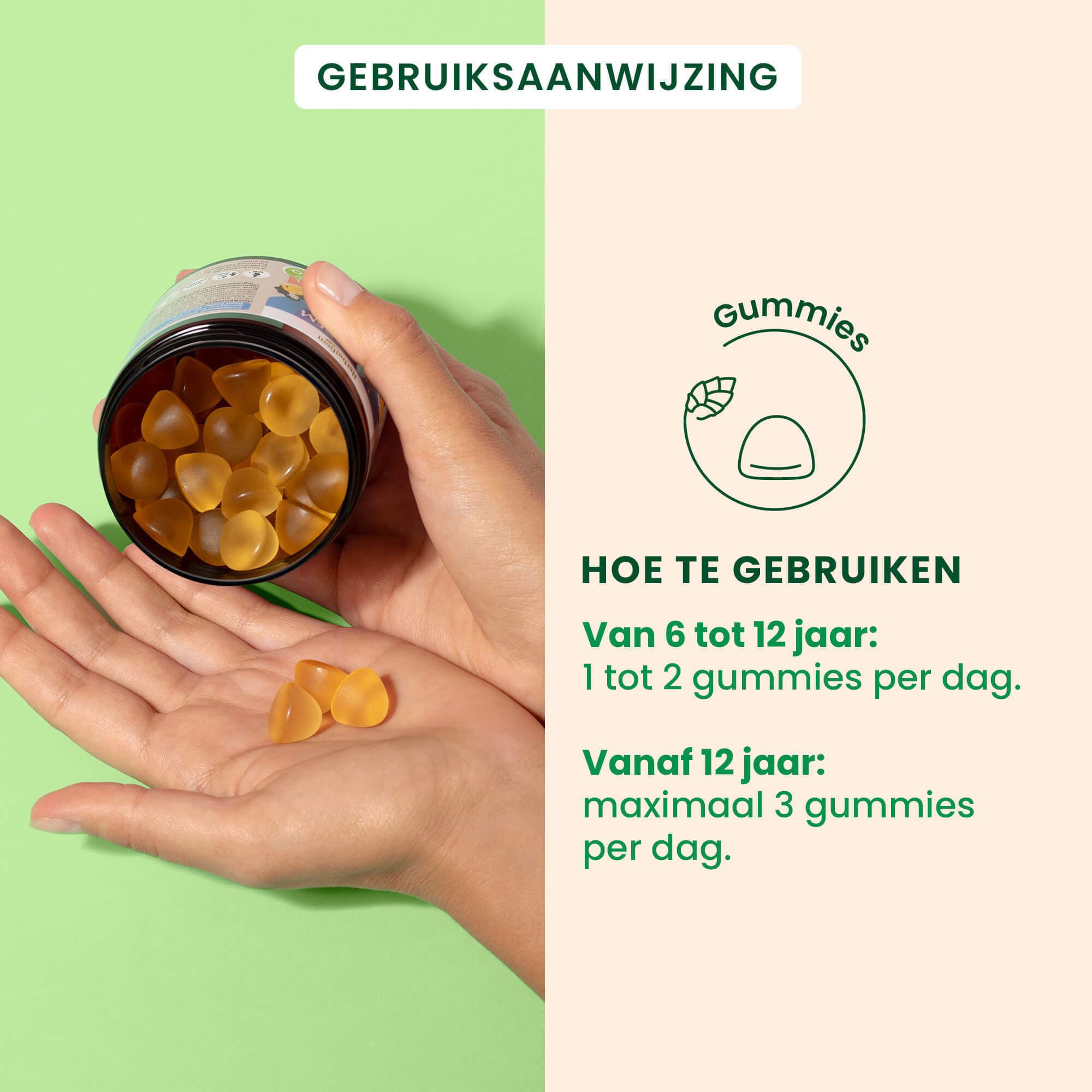 Gummies in hand. Dosering: 1-2 gummies (6-12 jaar), tot 3 gummies (vanaf 12 jaar).