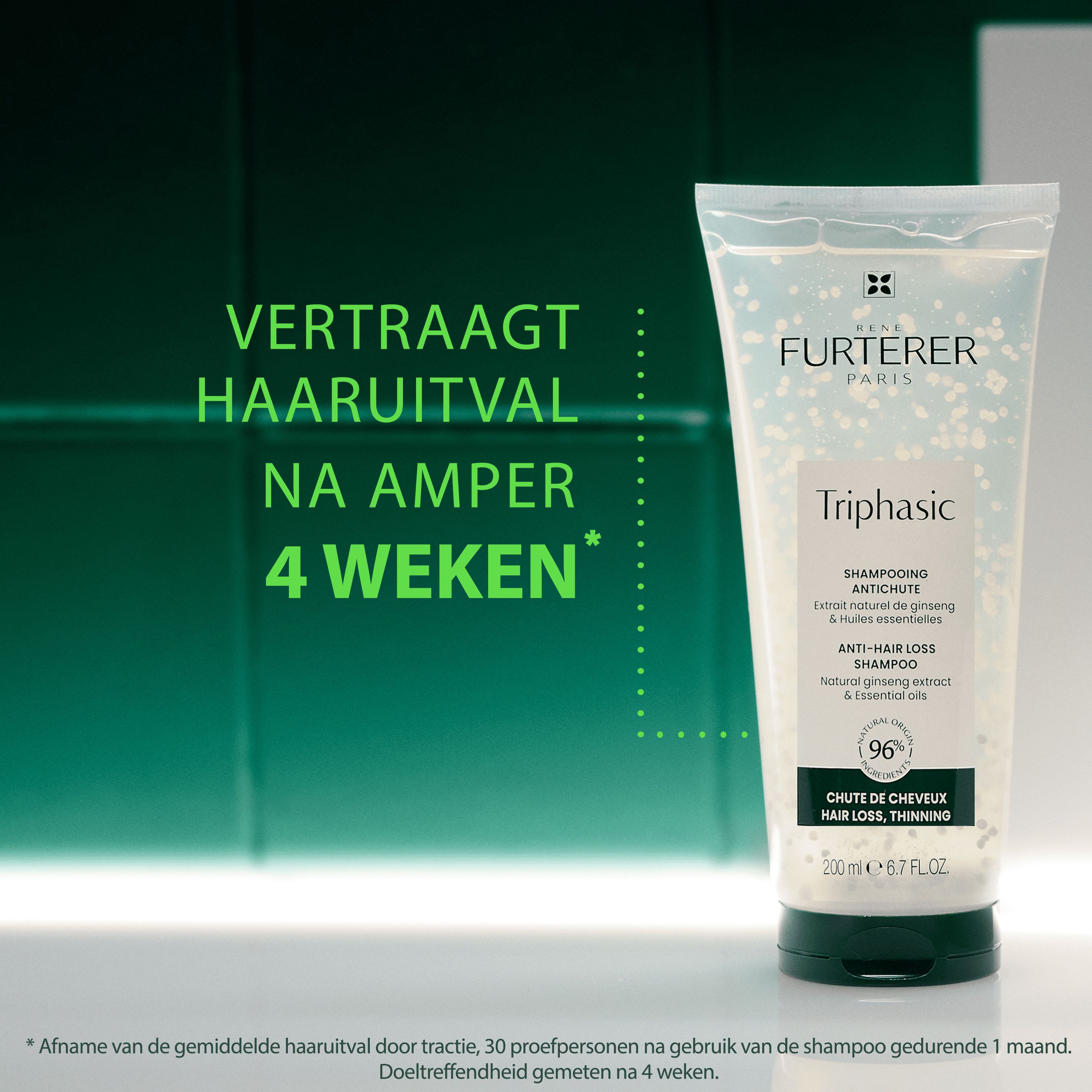 Shampoo tube. Merk Furterer. Opschrift Triphasic. Anti-haaruitval shampoo. 200 ml.
