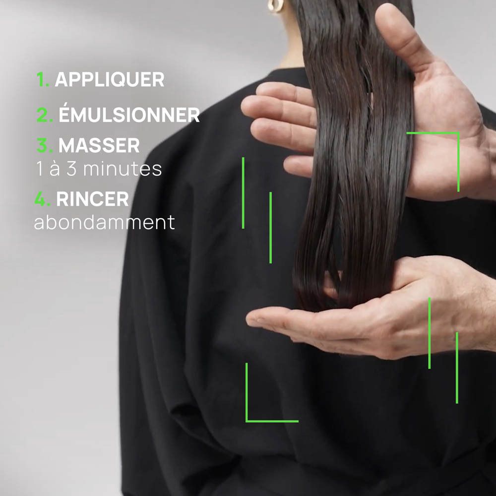Instructions d'utilisation. 1. Appliquer. 2. Émulsionner. 3. Masser 1-3 minutes. 4. Rincer.